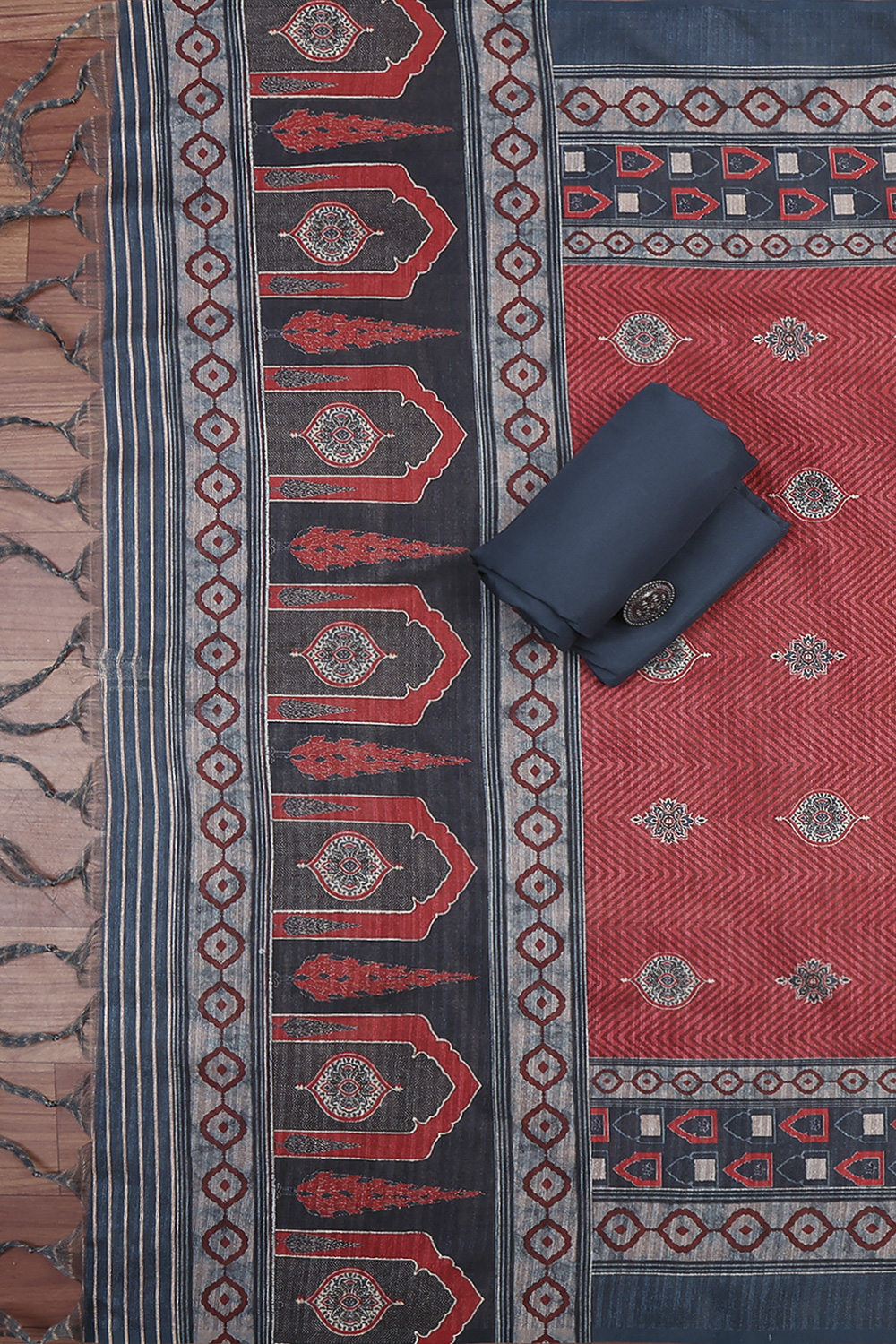 Blue Chanderi Printed Unstitched Suit Set image number 4