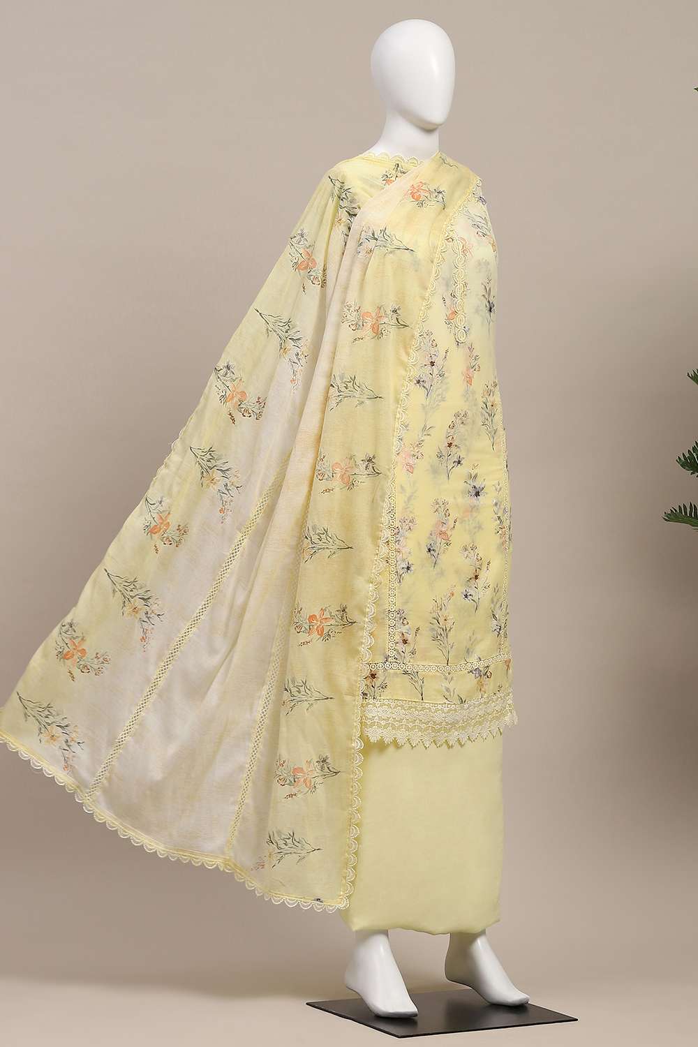Yellow Cotton Printed Unstitched Kurta Set image number 4
