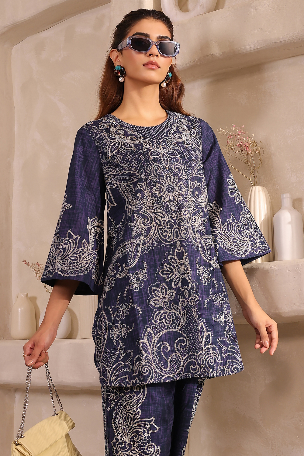 Blue Cotton floral Printed Straight Kurta Set image number 1