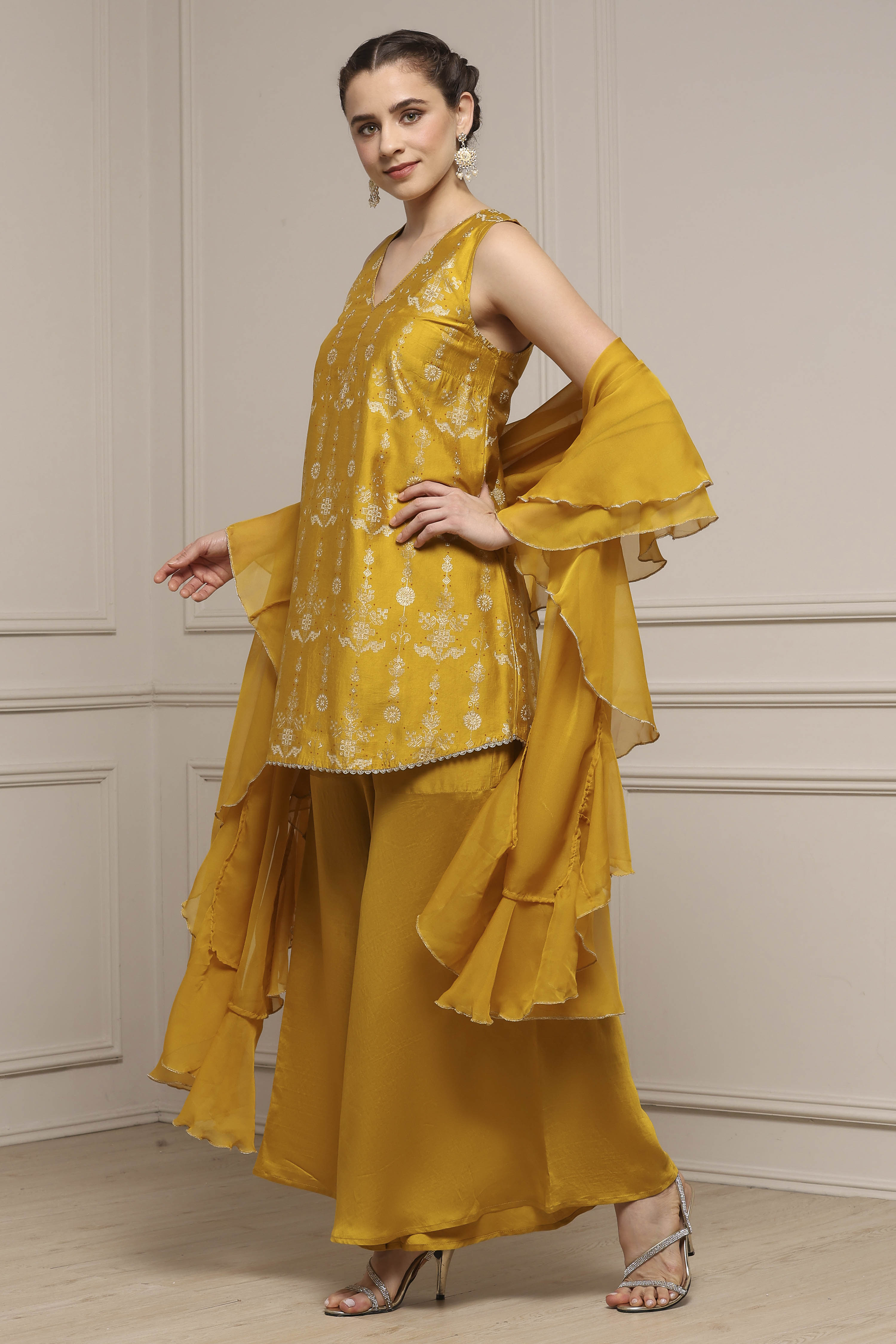 Yellow Viscose Blend A-Line Printed Garara Suit Set image number 3