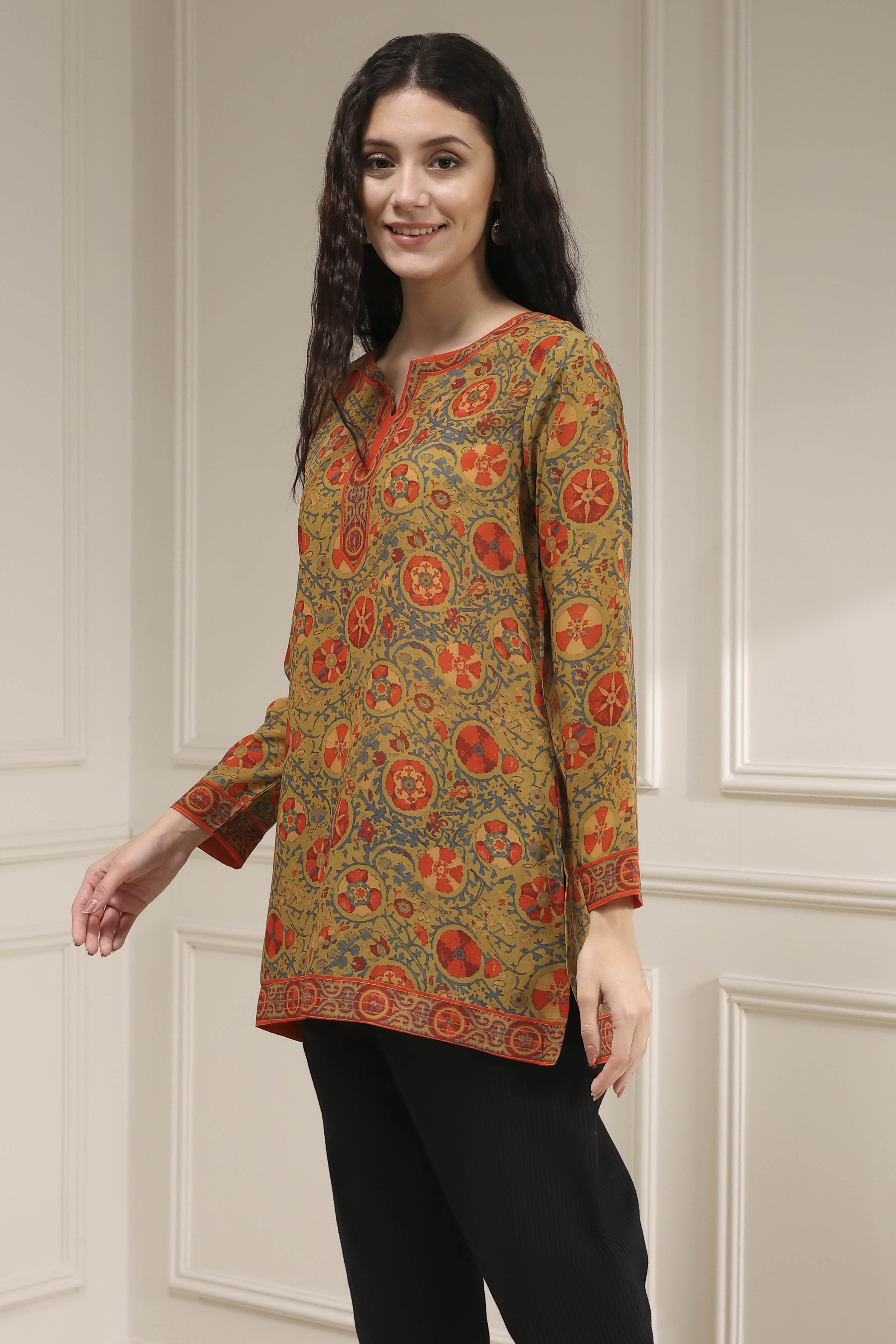 Mustard Red Polyester Straight Printed Short Kurta image number 2