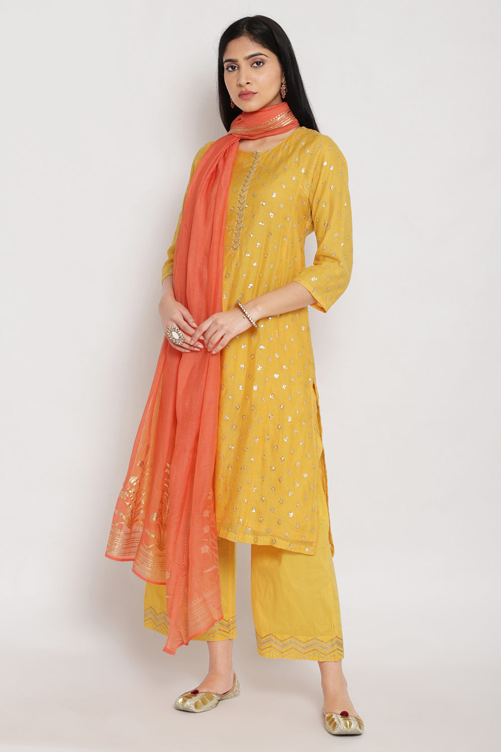 Yellow Cotton Silk Straight Kurta Palazzo Suit Set image number 0