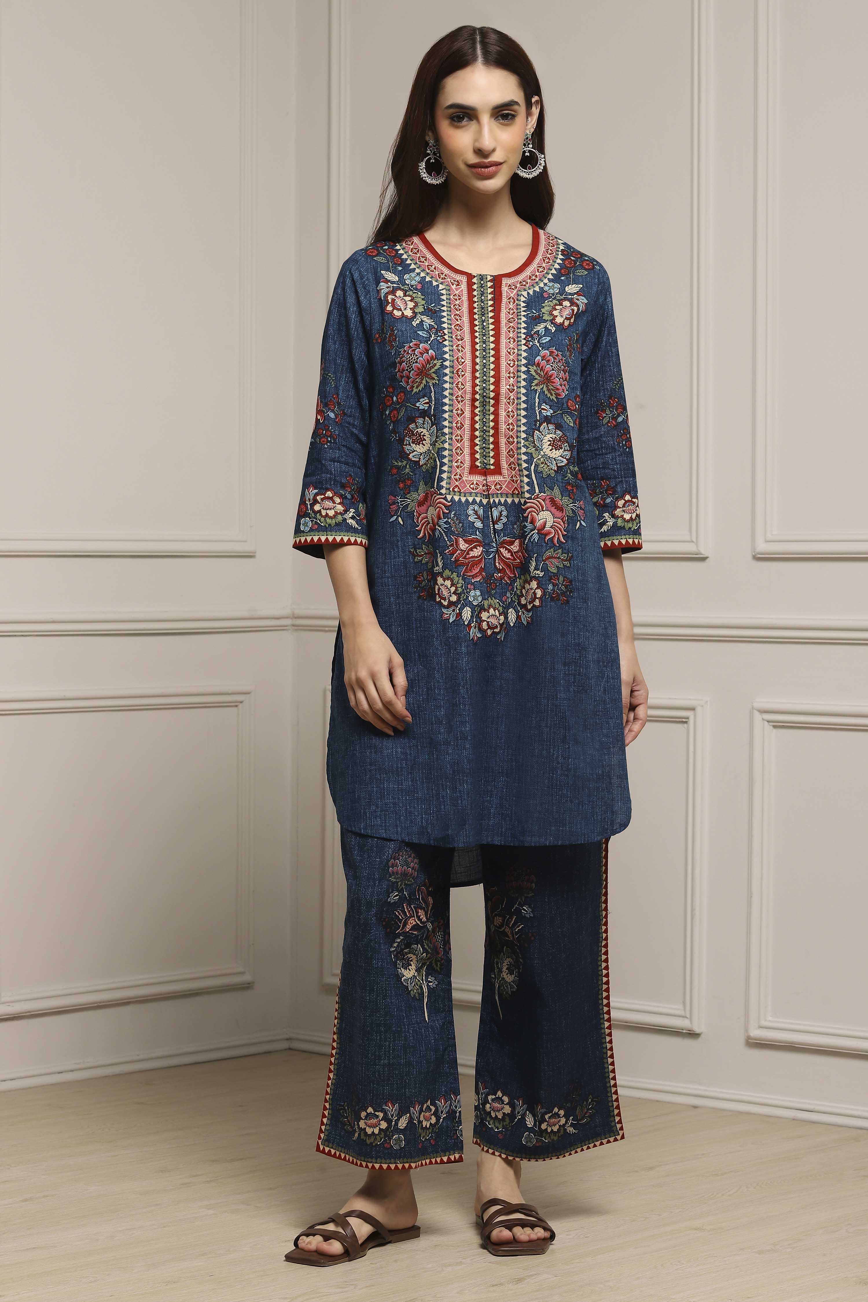 Blue Cotton Printed Straight Kurta Set image number 6