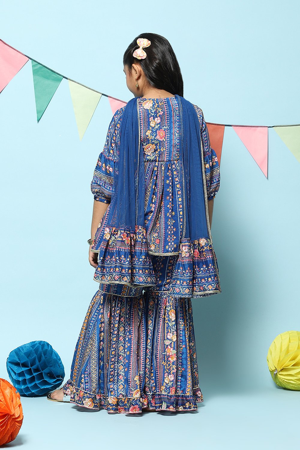 Blue Polyester Gathered Printed Suit Set image number 4