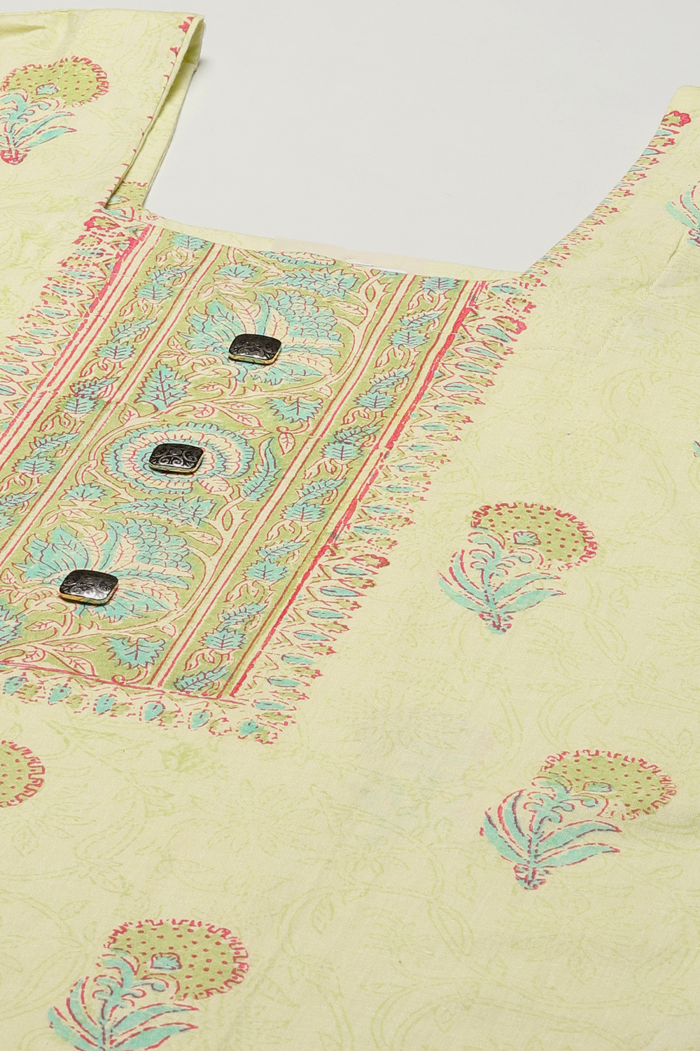 Green Cotton Hand Block Print Unstitched Suit Set image number 1