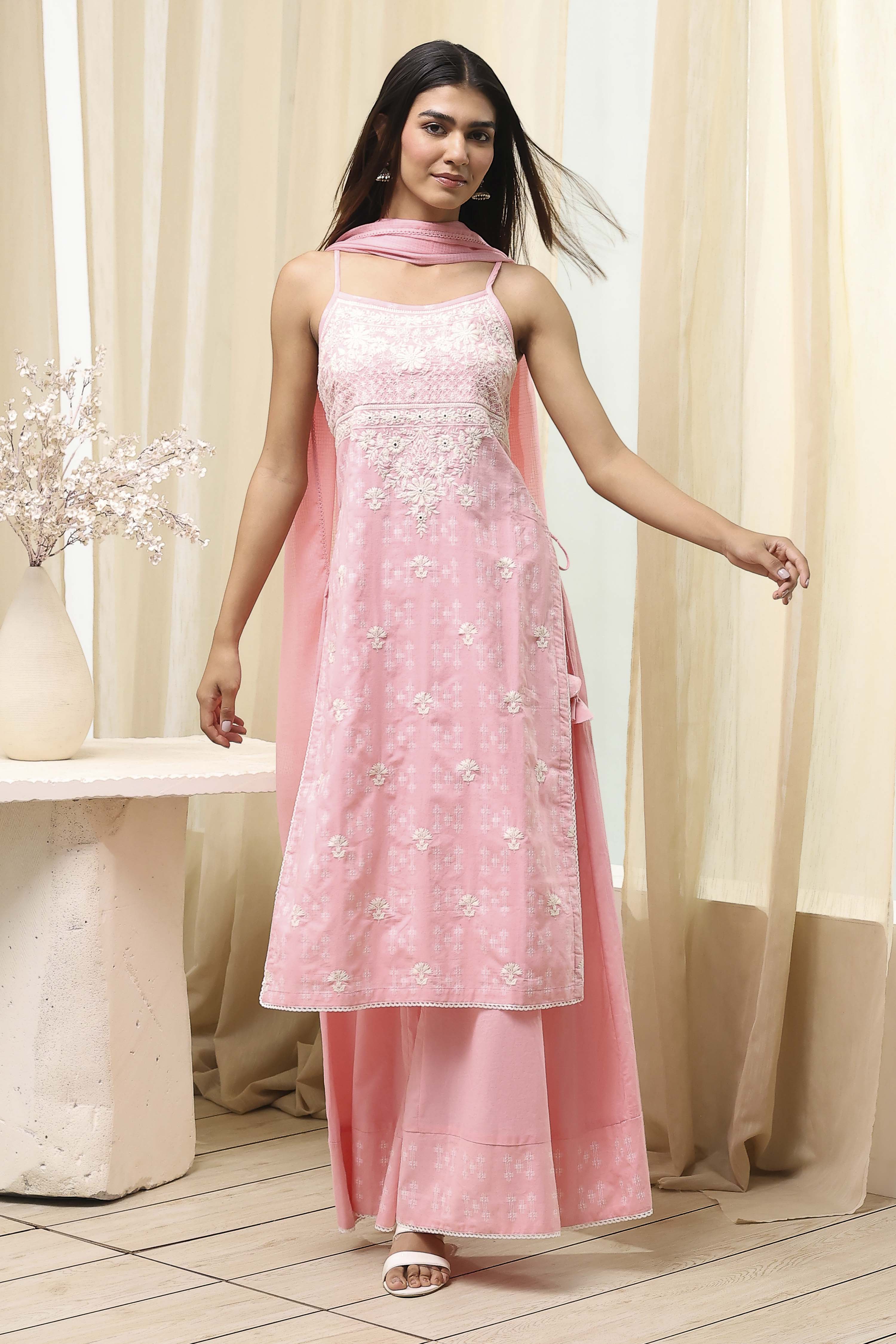 Pink Cotton Floral Strappy Straight Suit Set image number 0