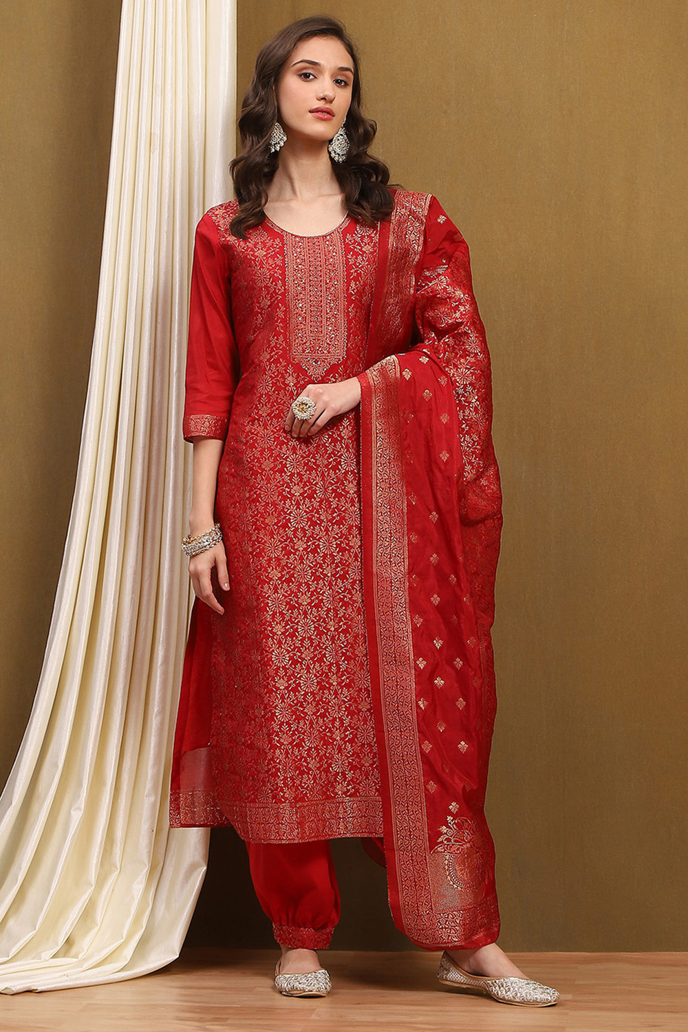 Mustard Yellow Silk Blend Woven Unstitched Suit Set image number 5