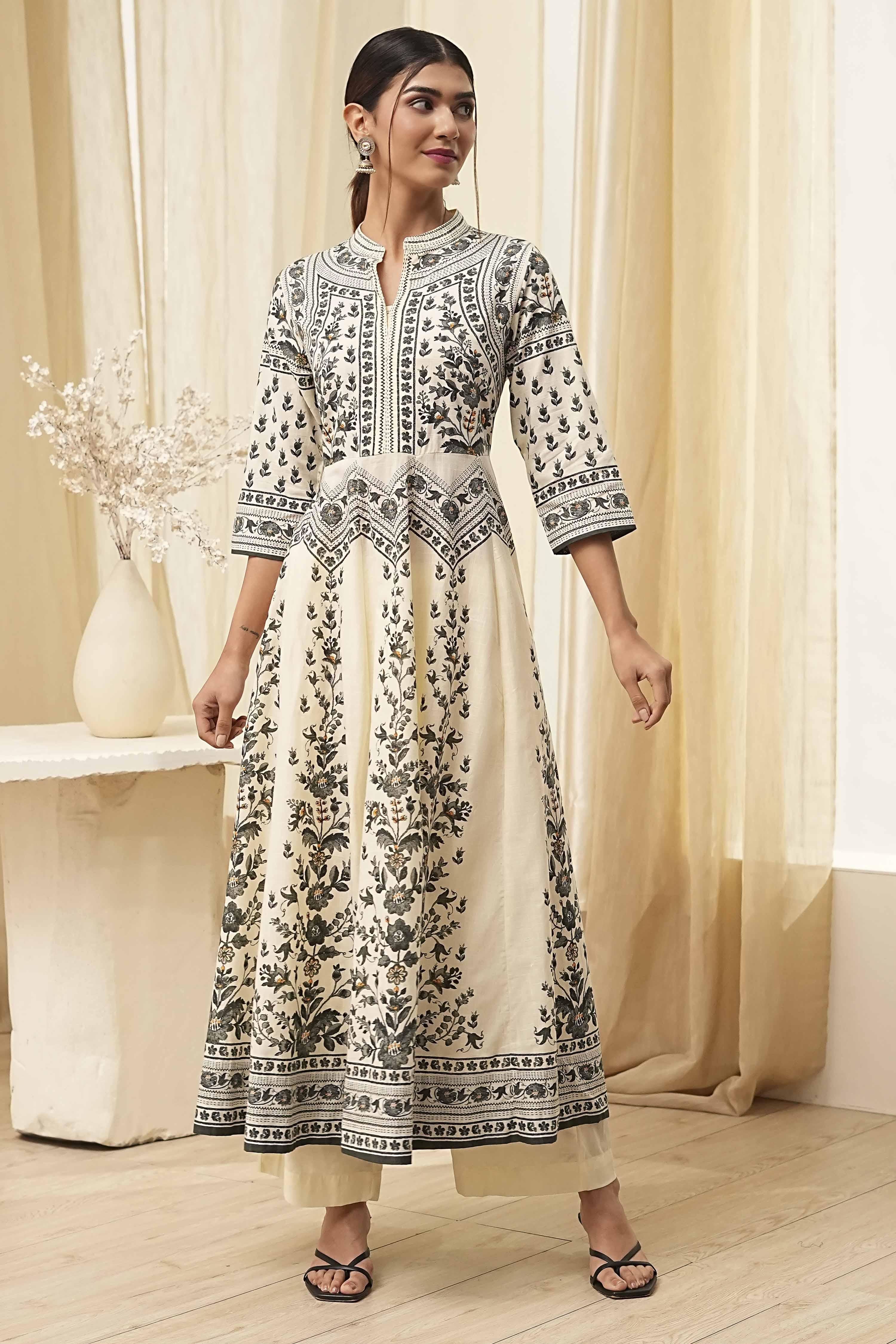 White and Black Cotton Printed Anarkali Kurta Set image number 6