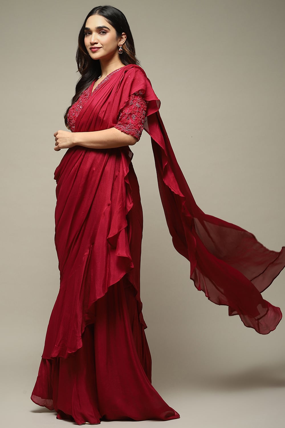 Dusty Pink Pre-Draped Nylon Saree With A Stitched Blouse image number 6