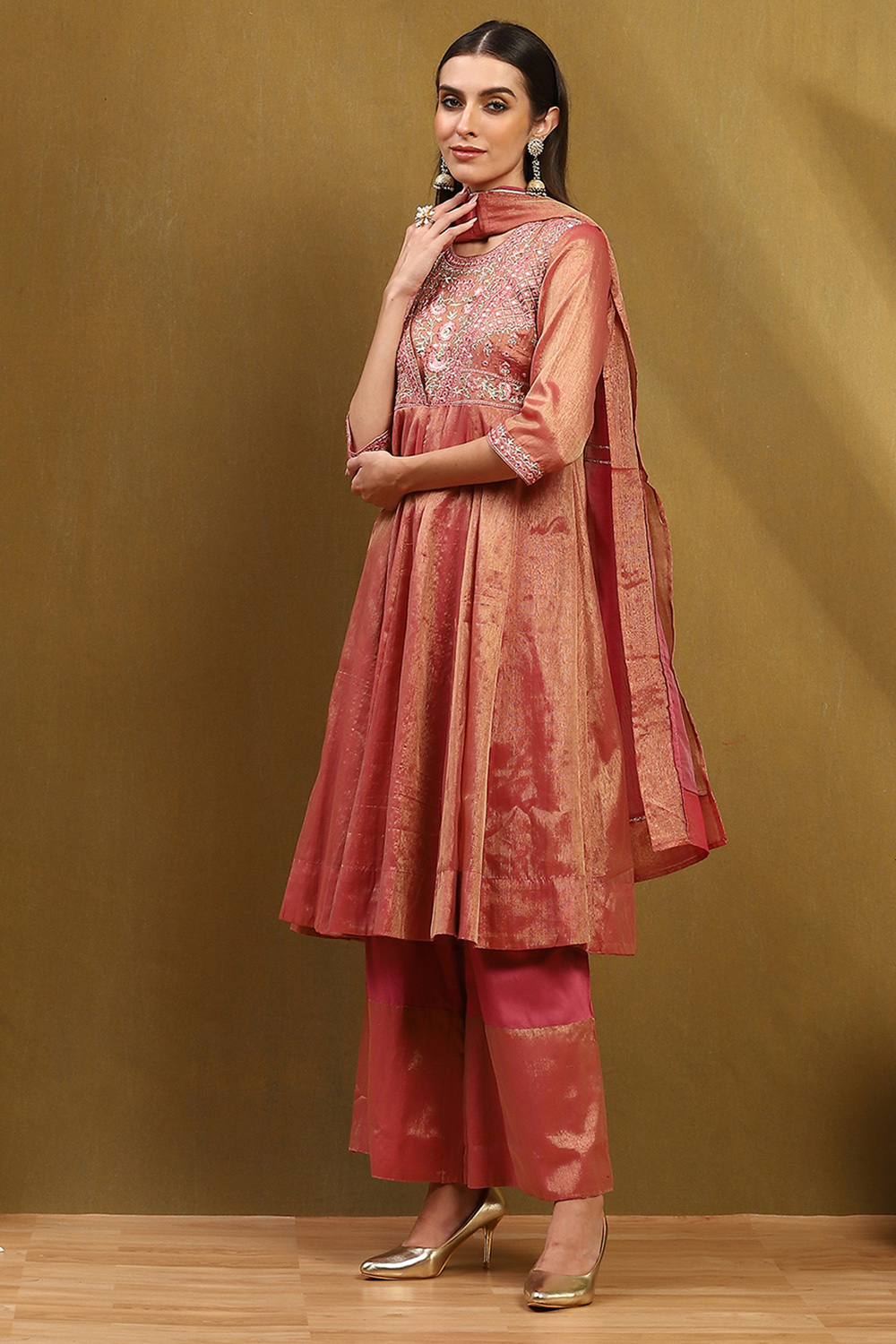 Old Rose-Toned Zari Cotton Embroidered Anarkali Suit Set image number 3