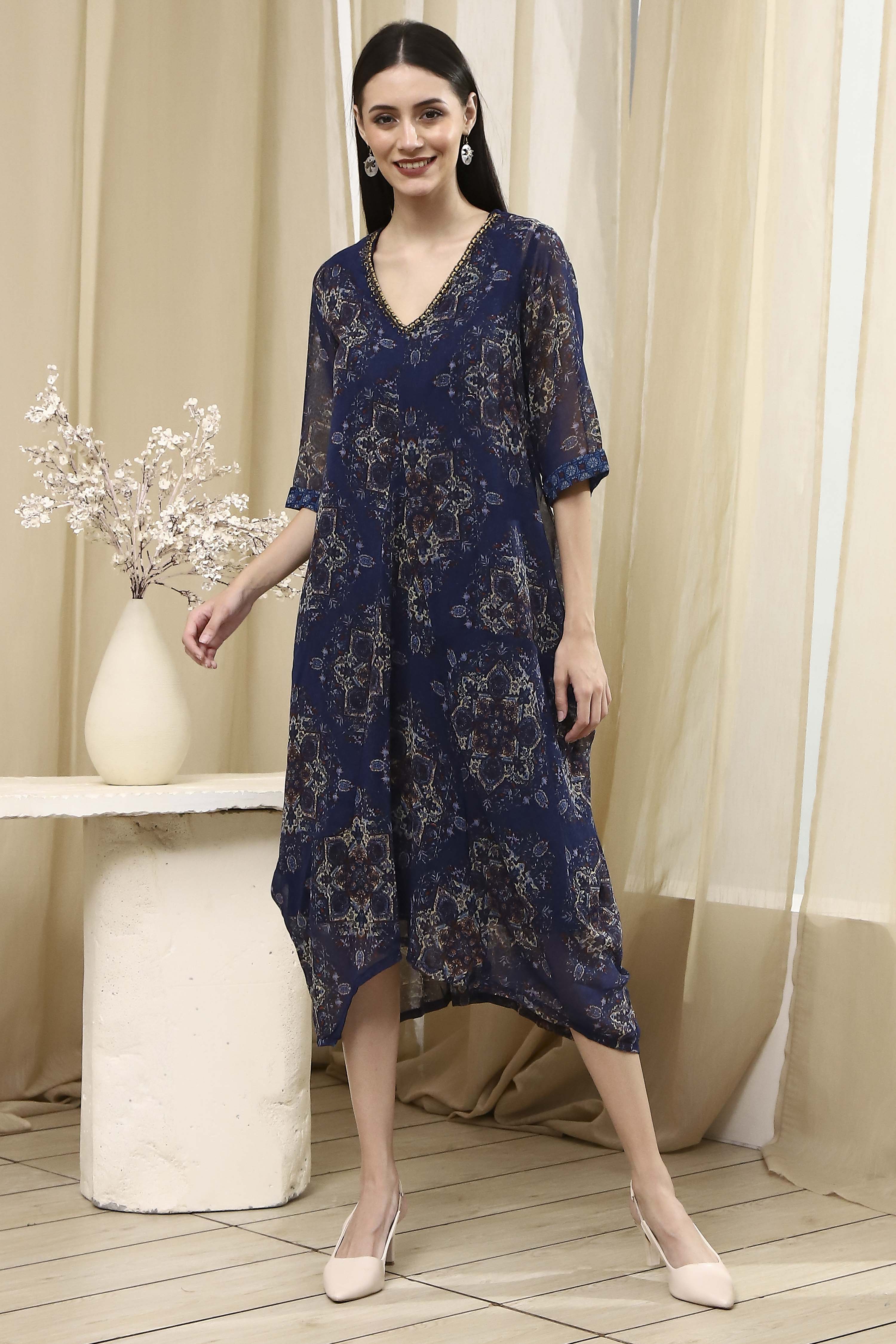 Blue Georgette Printed Asymmetric Dress image number 5