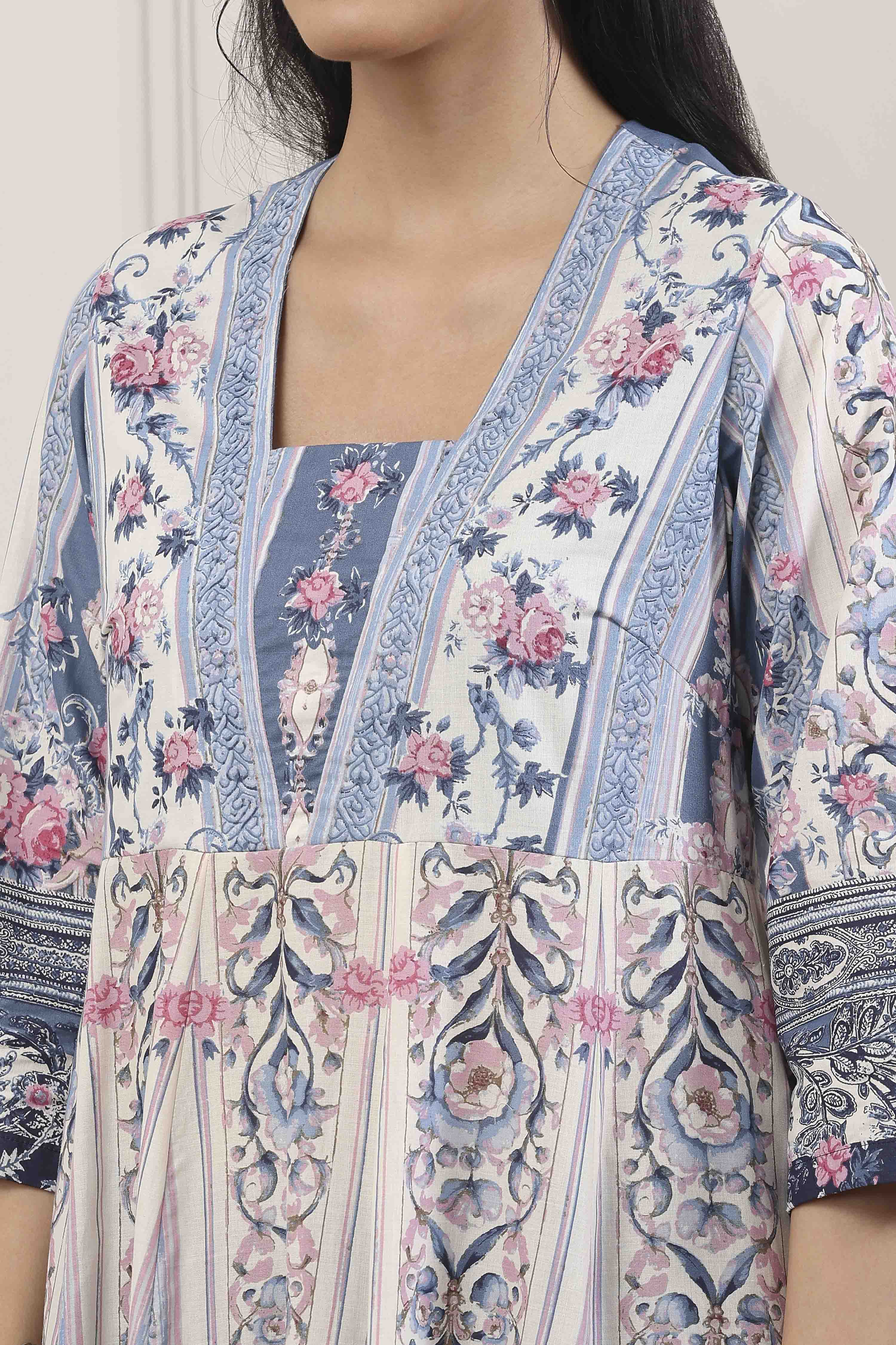 Blue Cotton Floral Printed Anarkali Suit Set image number 1