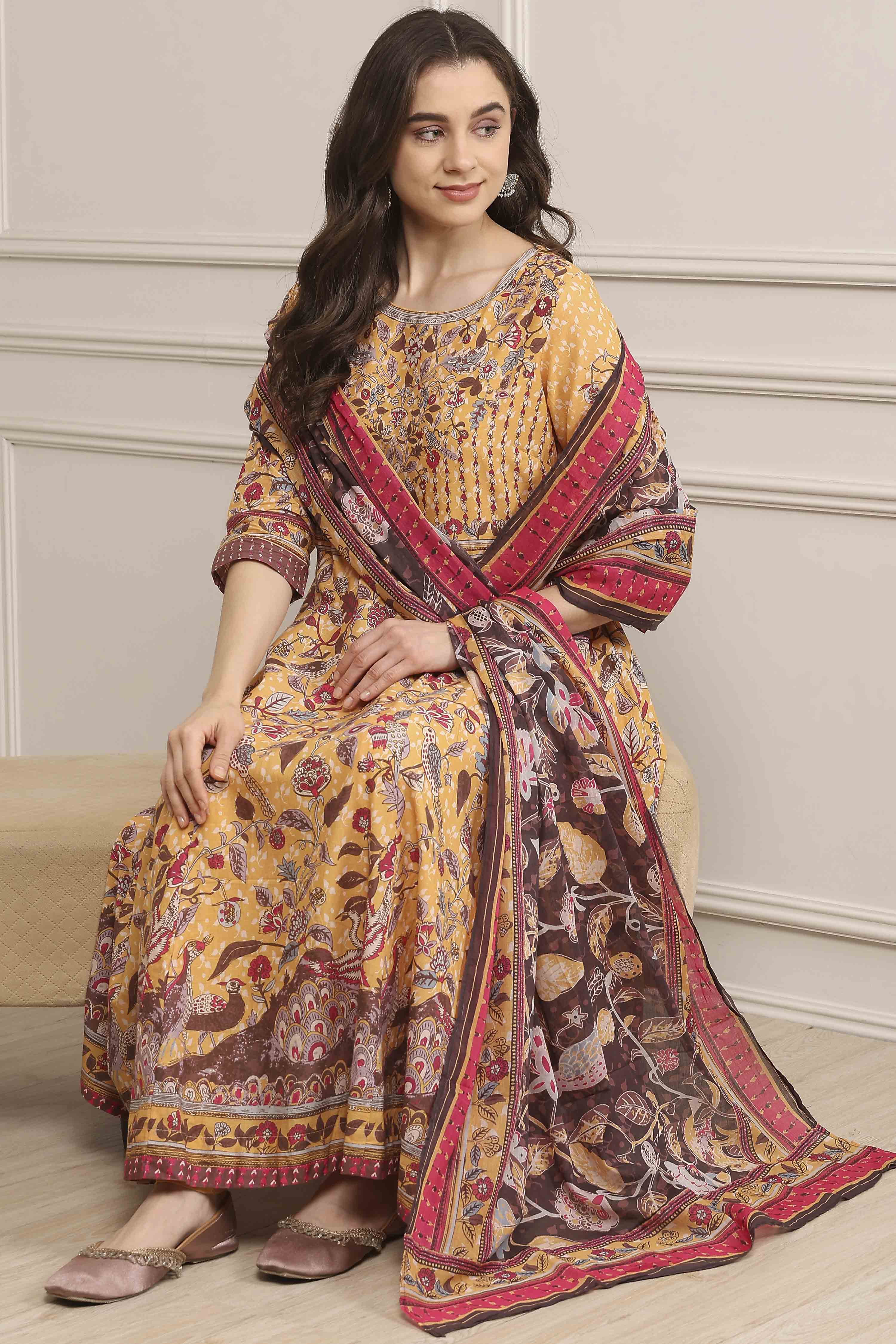 Beige Cotton Printed Anarkali Suit Set image number 0