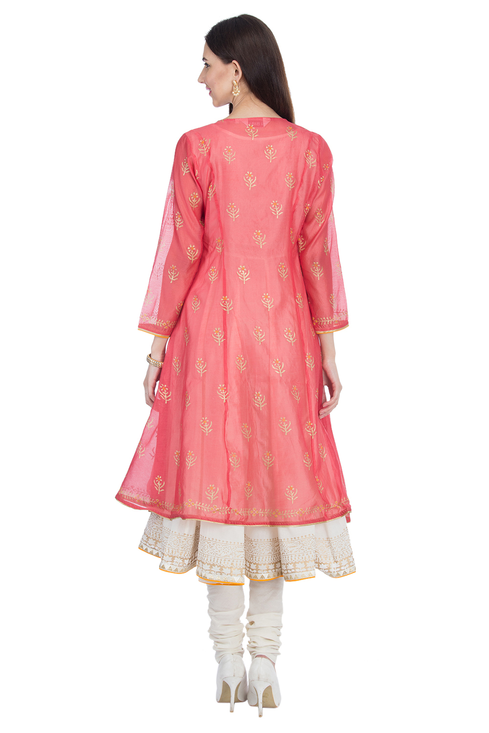 Coral Pink Front Open Cotton Kurta Churidar Suit Set image number 5