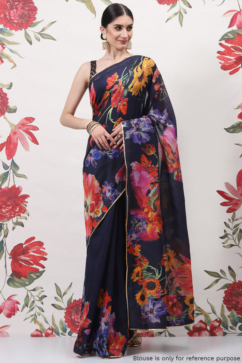 Indigo Cotton Silk Printed Saree image number 2