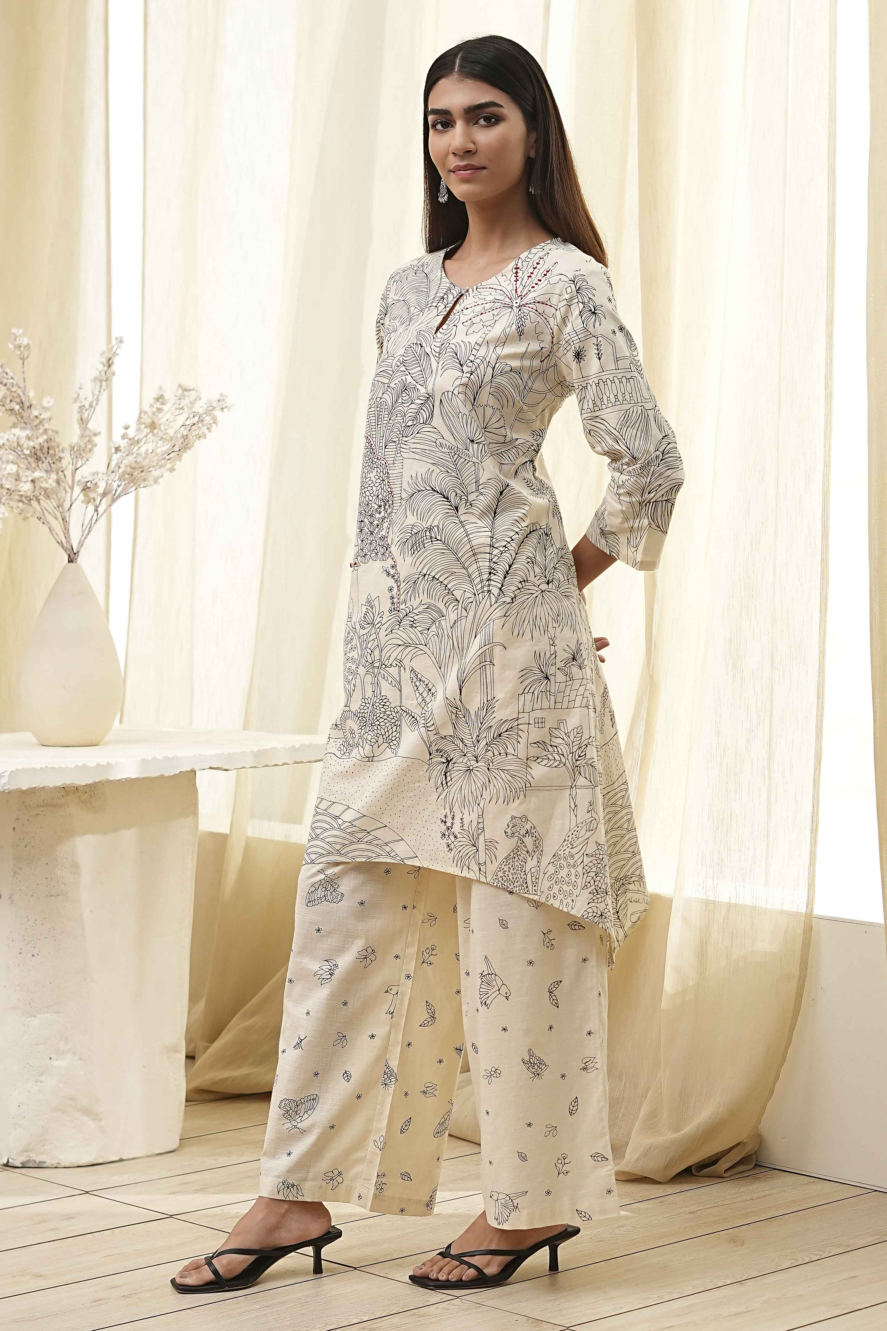 Off-White Cotton Straight Printed Kurta Set image number 3
