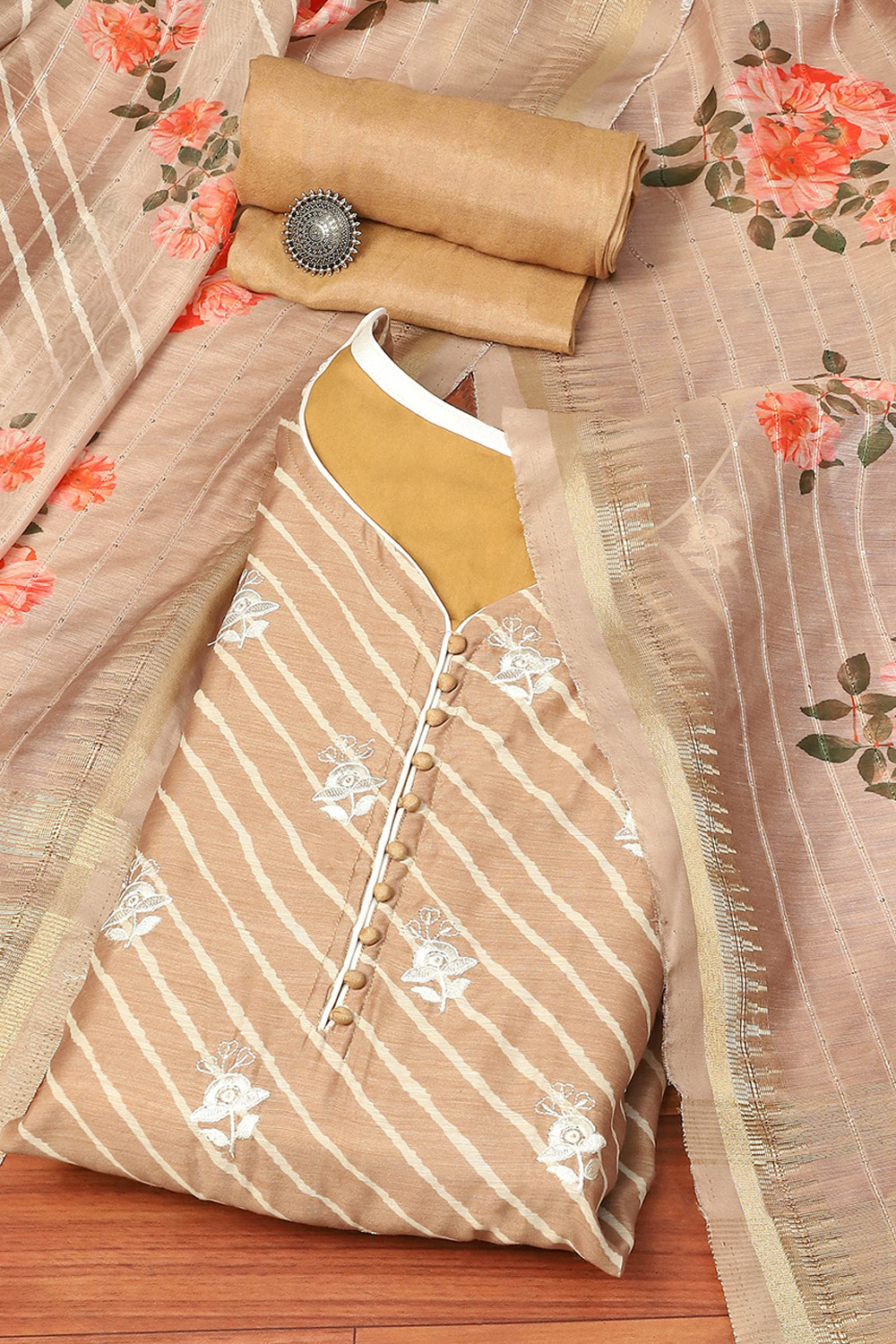 Brown Cotton Digital Print Unstitched Suit Set image number 0