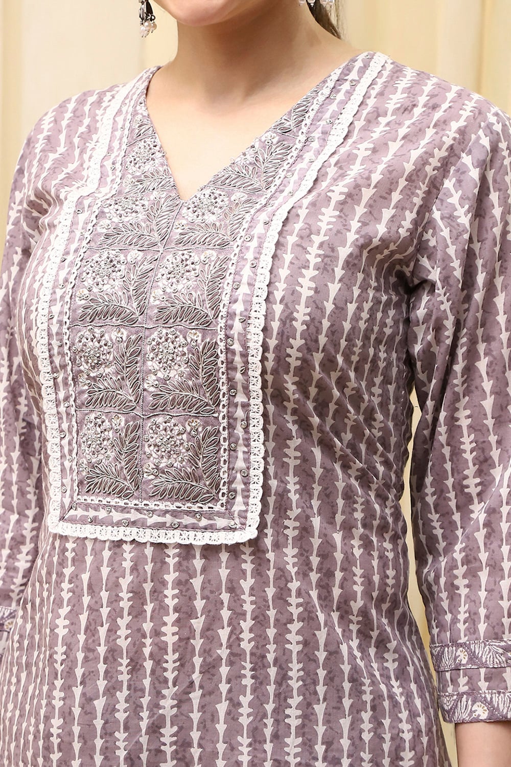 Grey Cotton Printed Unstitched Suit Set image number 2