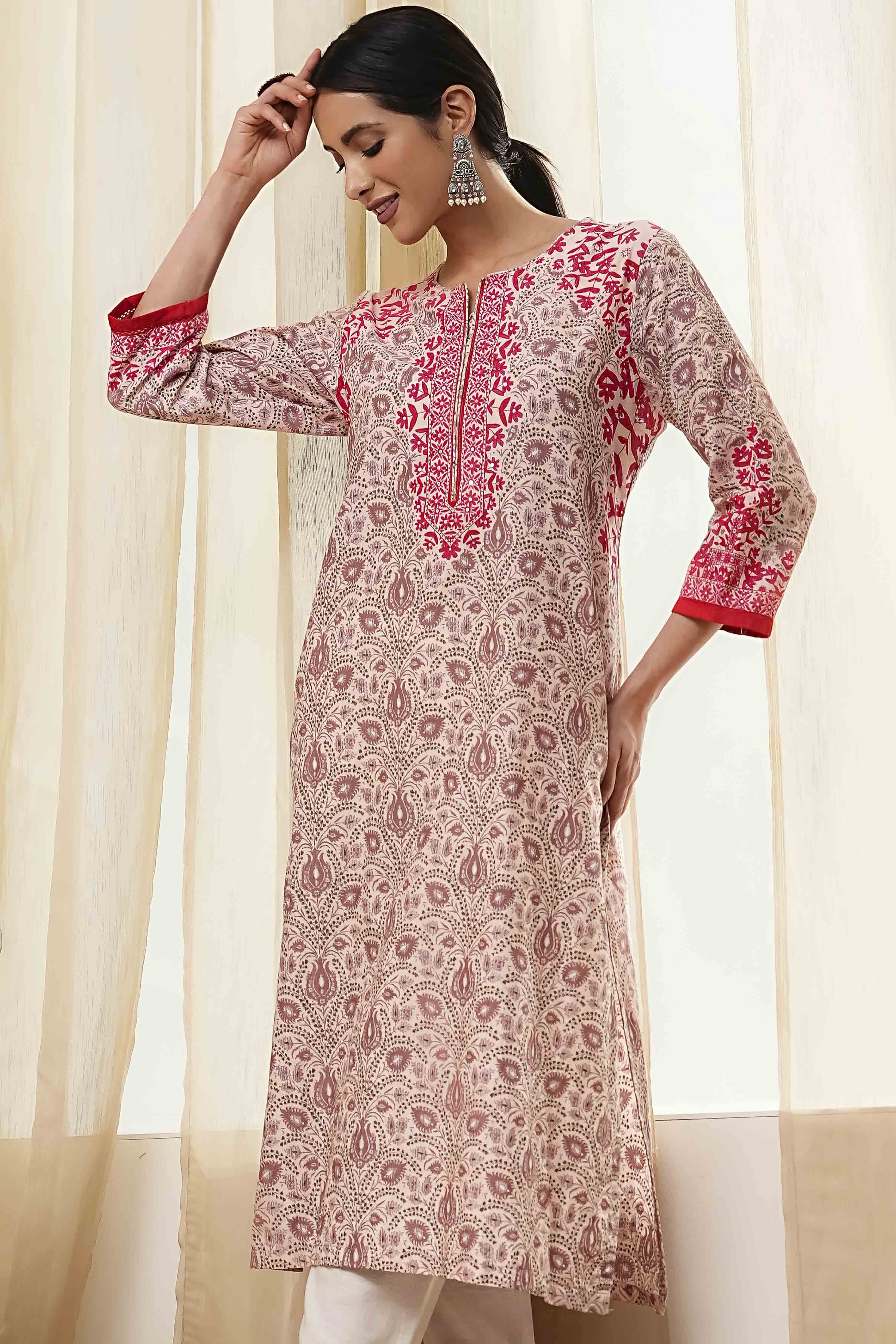 Green Cotton Printed Straight Kurta image number 6