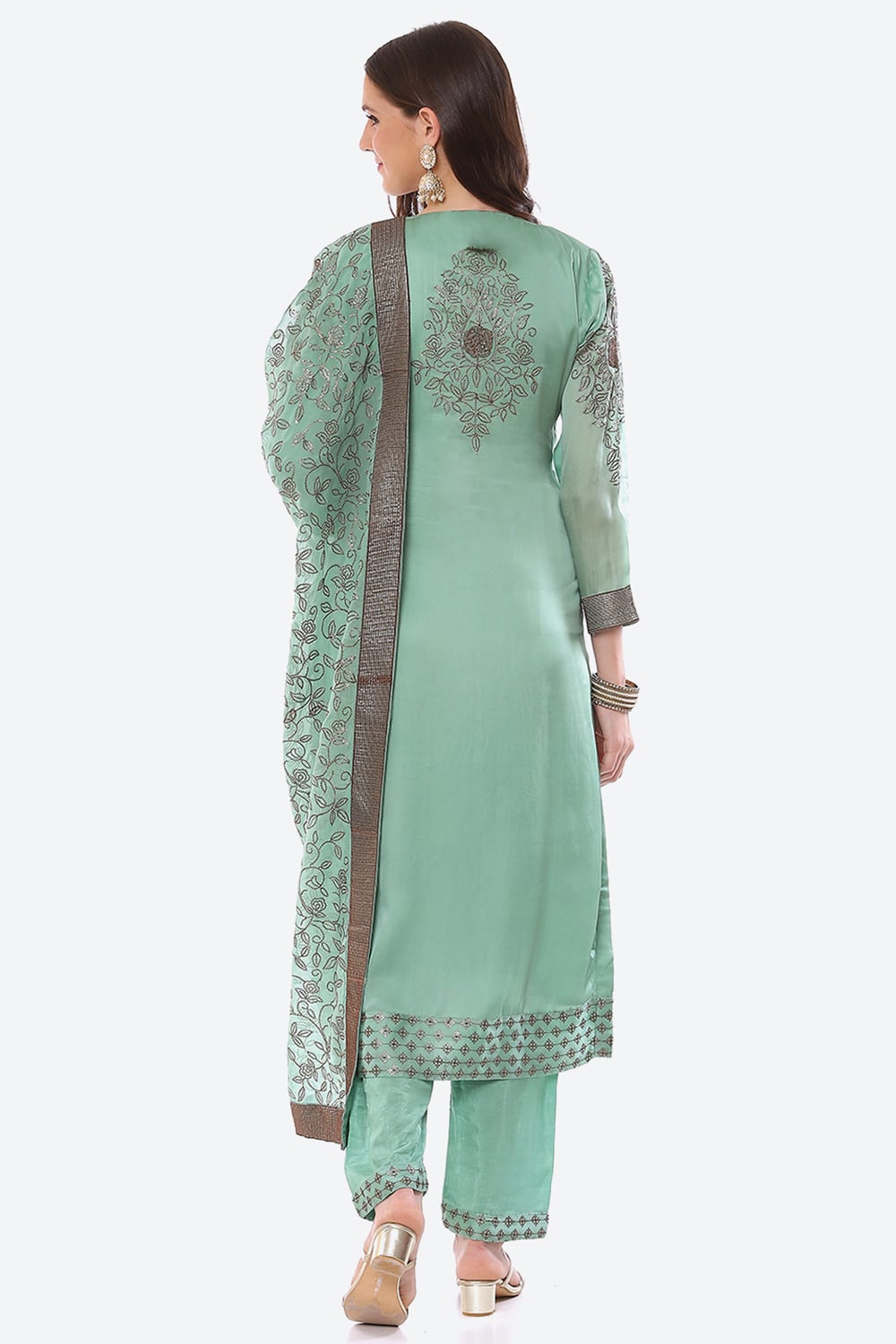 Green Organza Satin Unstitched Suit Set image number 4
