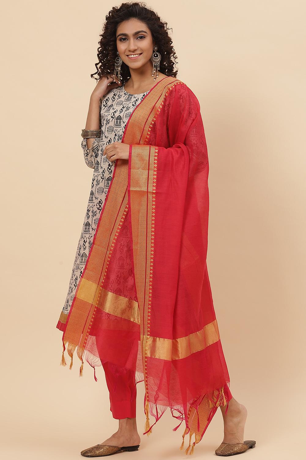 Off White Cotton Handloom Unstitched Suit Set image number 5