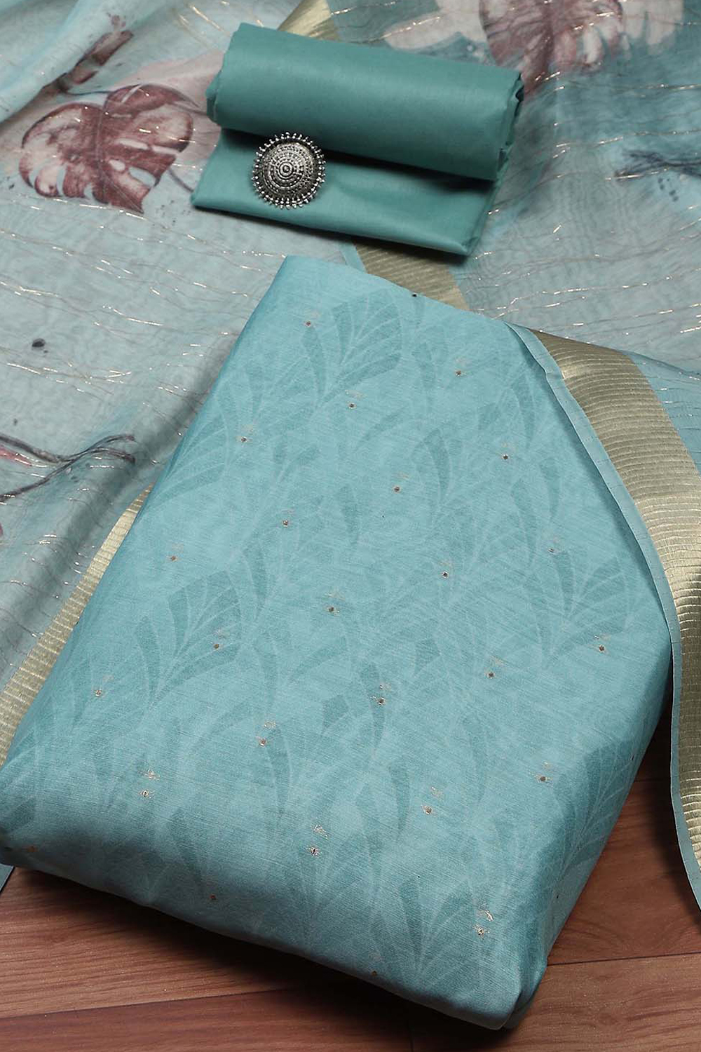 Mint Green Chanderi Double Dupatta Unstitched Suit Set image number 0