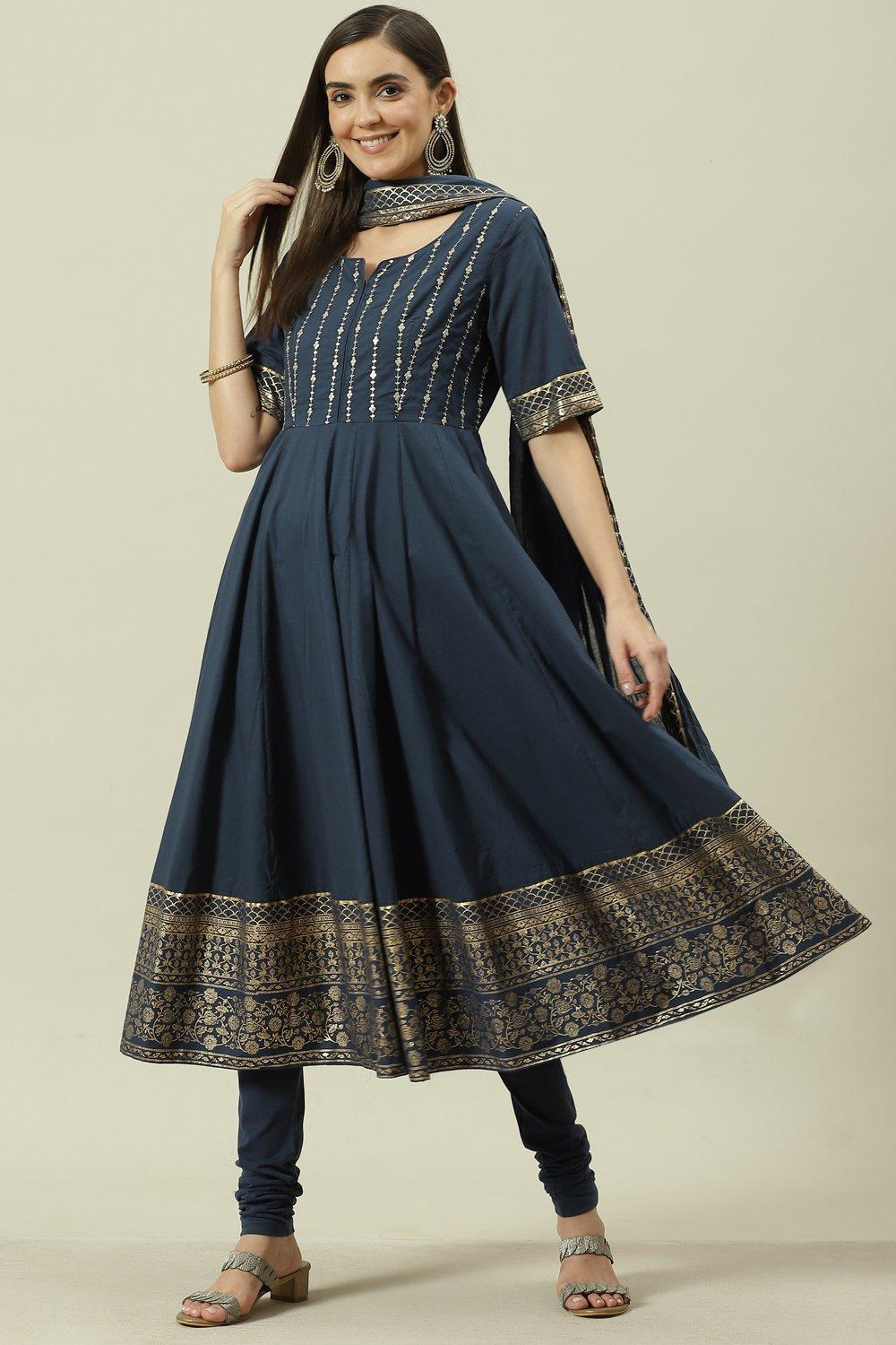 Navy Blue Embroidred Cotton Anarkali Suit Set image number 0