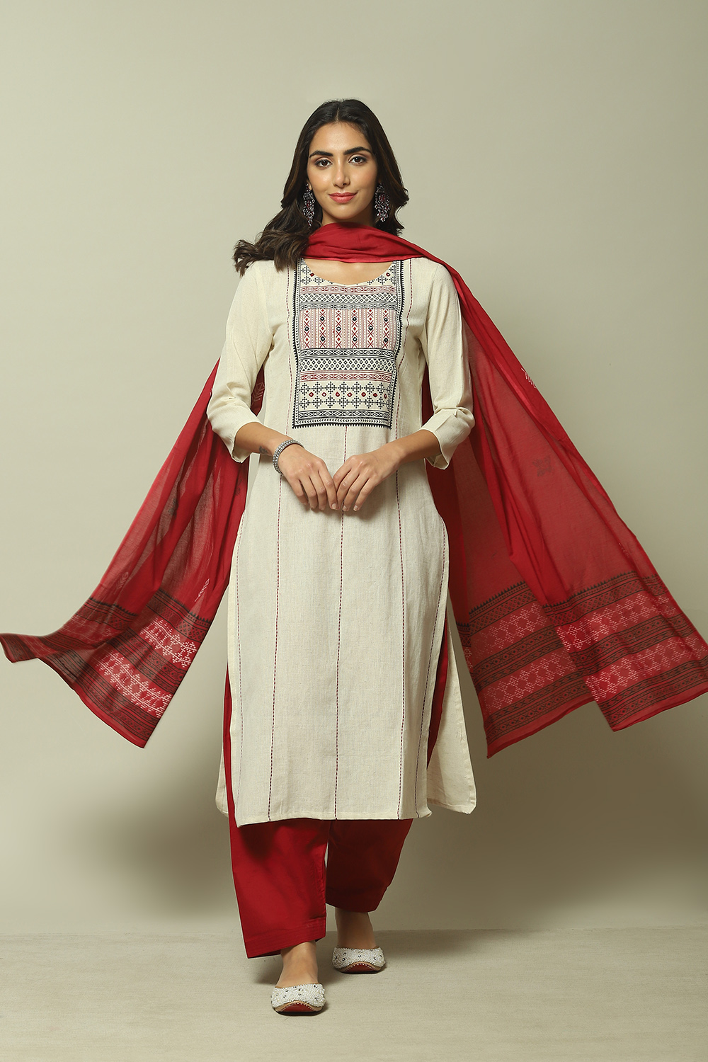 Red Flex Machine Embroidered Unstitched Suit Set image number 0