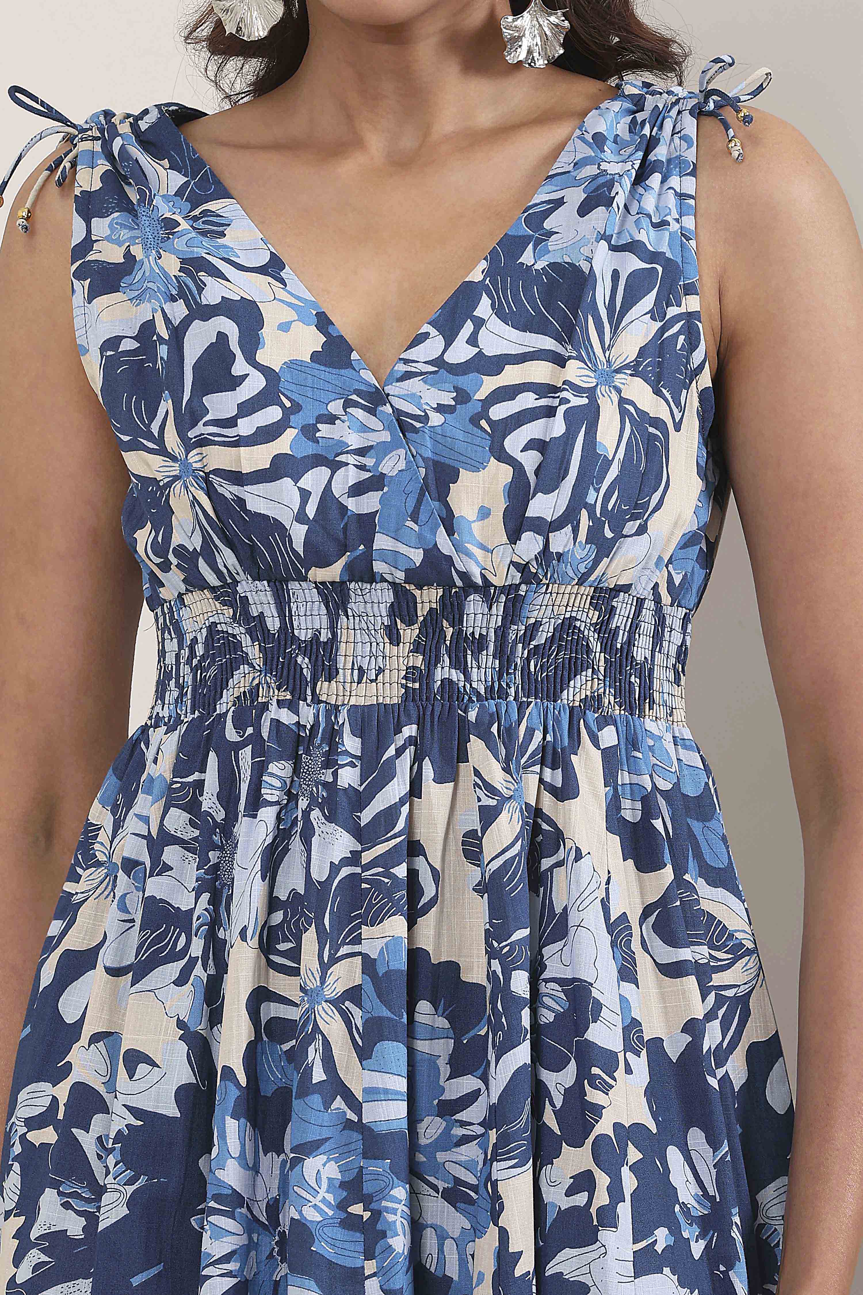 Blue Cotton Printed Kalidar Flared Dress image number 1