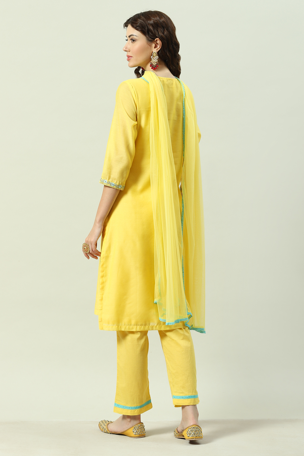 Turquoise Yarndyed A-Line Kurta Regular Pants Suit Set image number 4