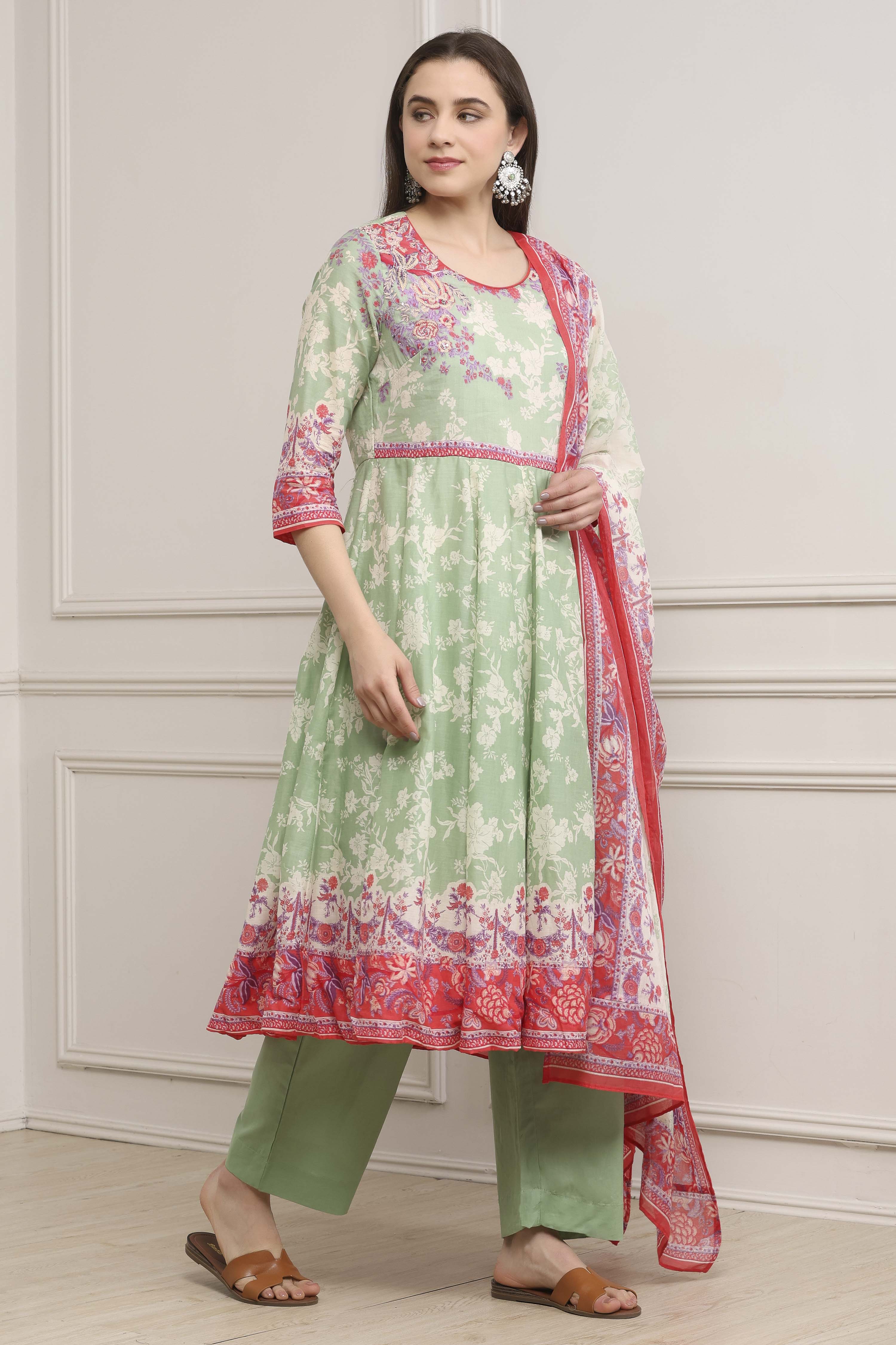 Grey Cotton Printed Anarkali Suit Set image number 5