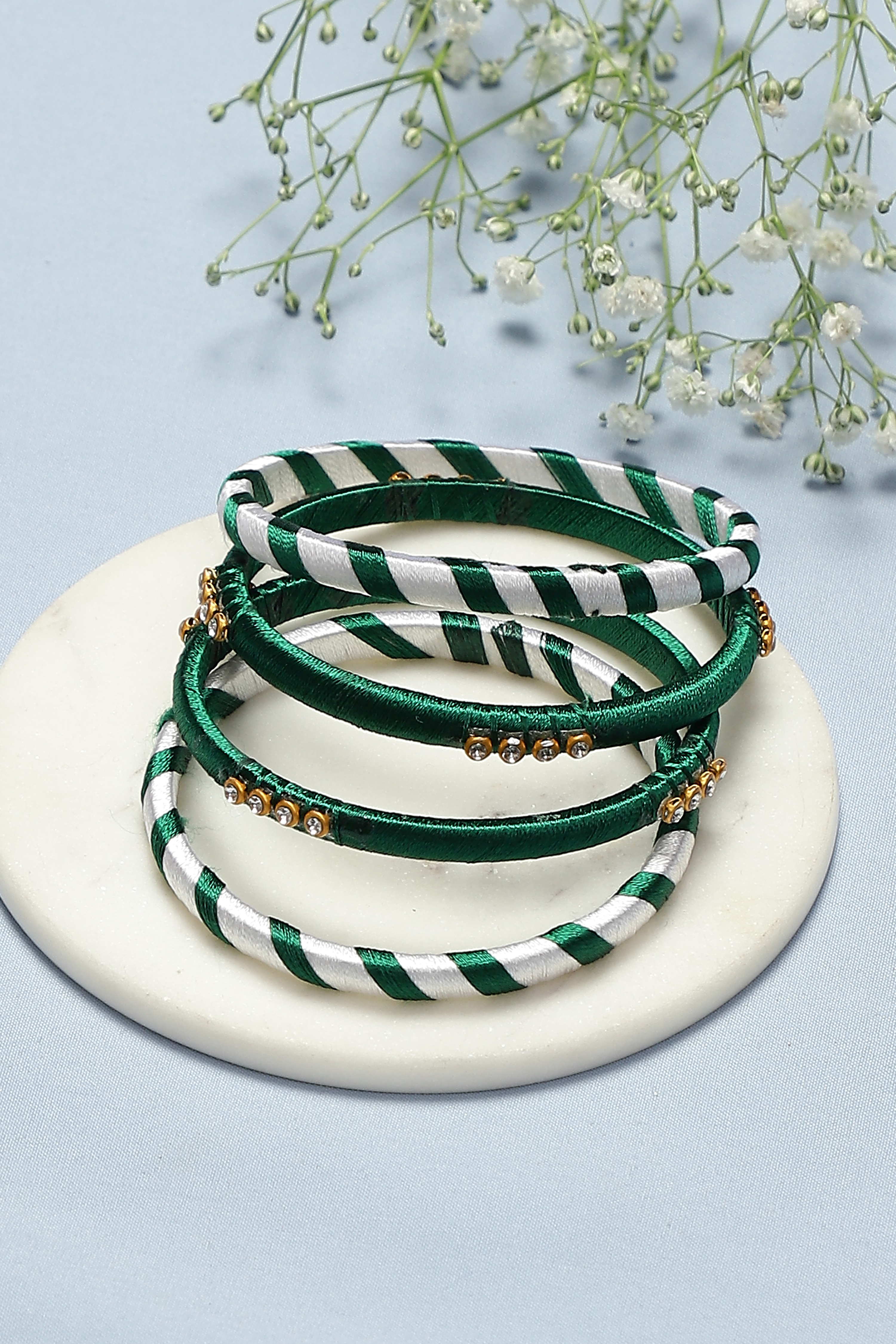 Green & White Plastic-Thread Bangles image number 0