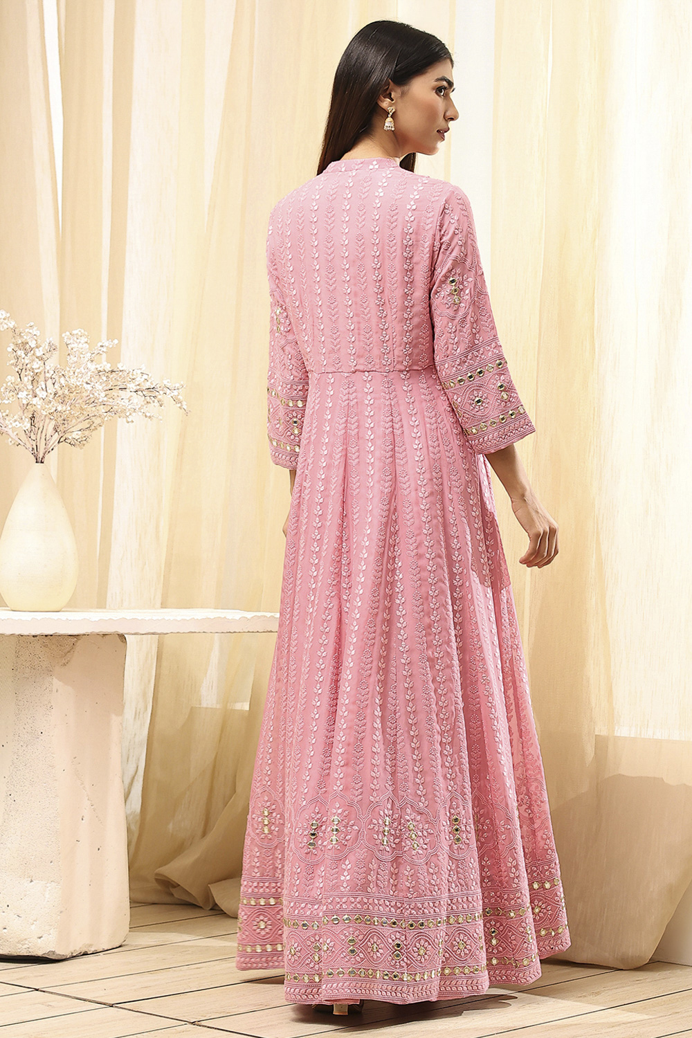 Powder Pink Embroidered Front Open Suit Set image number 3