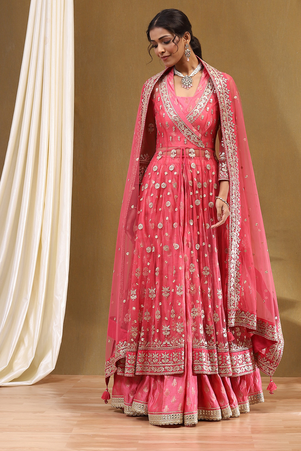 Coral-Pink Polyester Blend Anarkali Lehenga Set image number 4