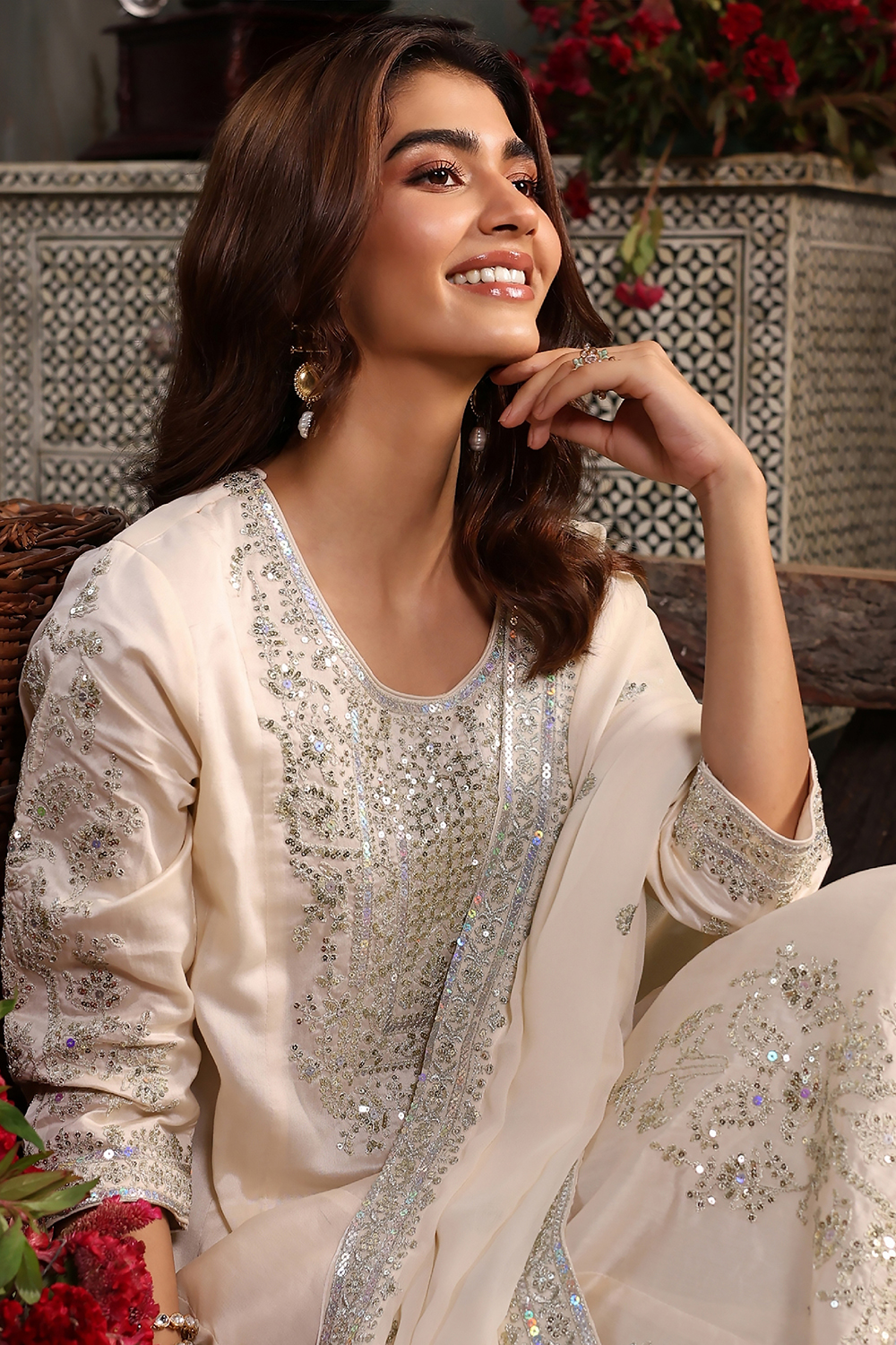Off-White Cotton Silk Embroidered Kalidar Suit Set image number 7
