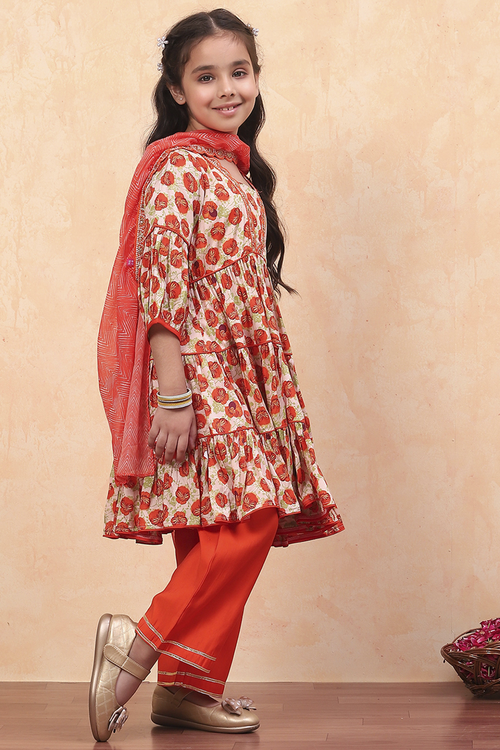 Orange Viscose Floral Printed Festive Tiered Suit Set image number 5