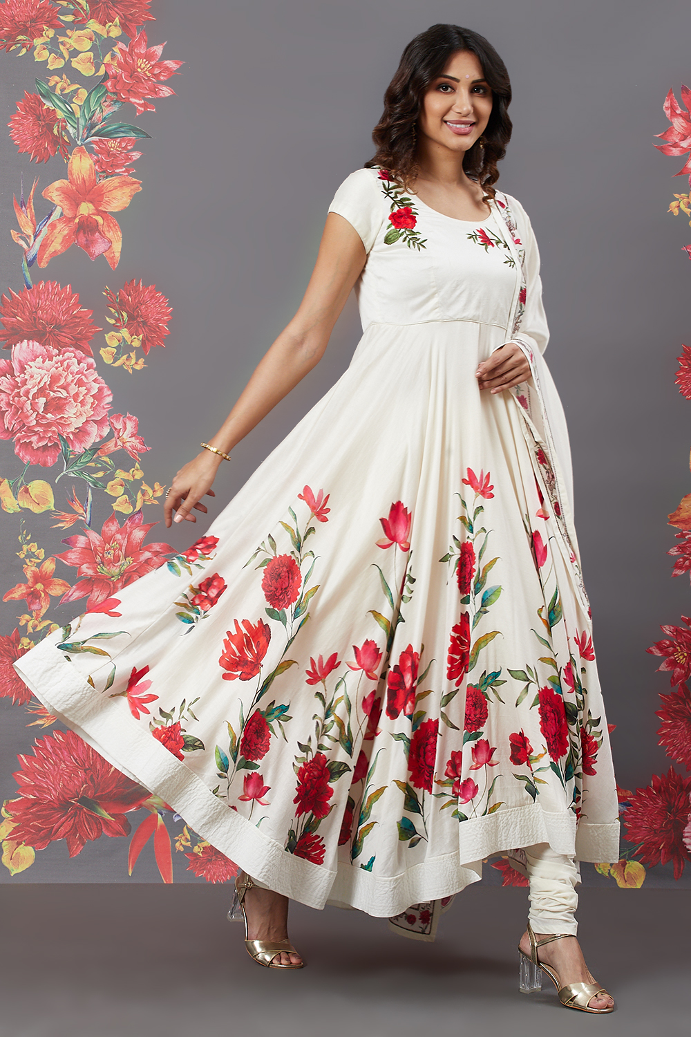 Rohit Bal Beige Cotton Silk Flared Printed Suit Set image number 6