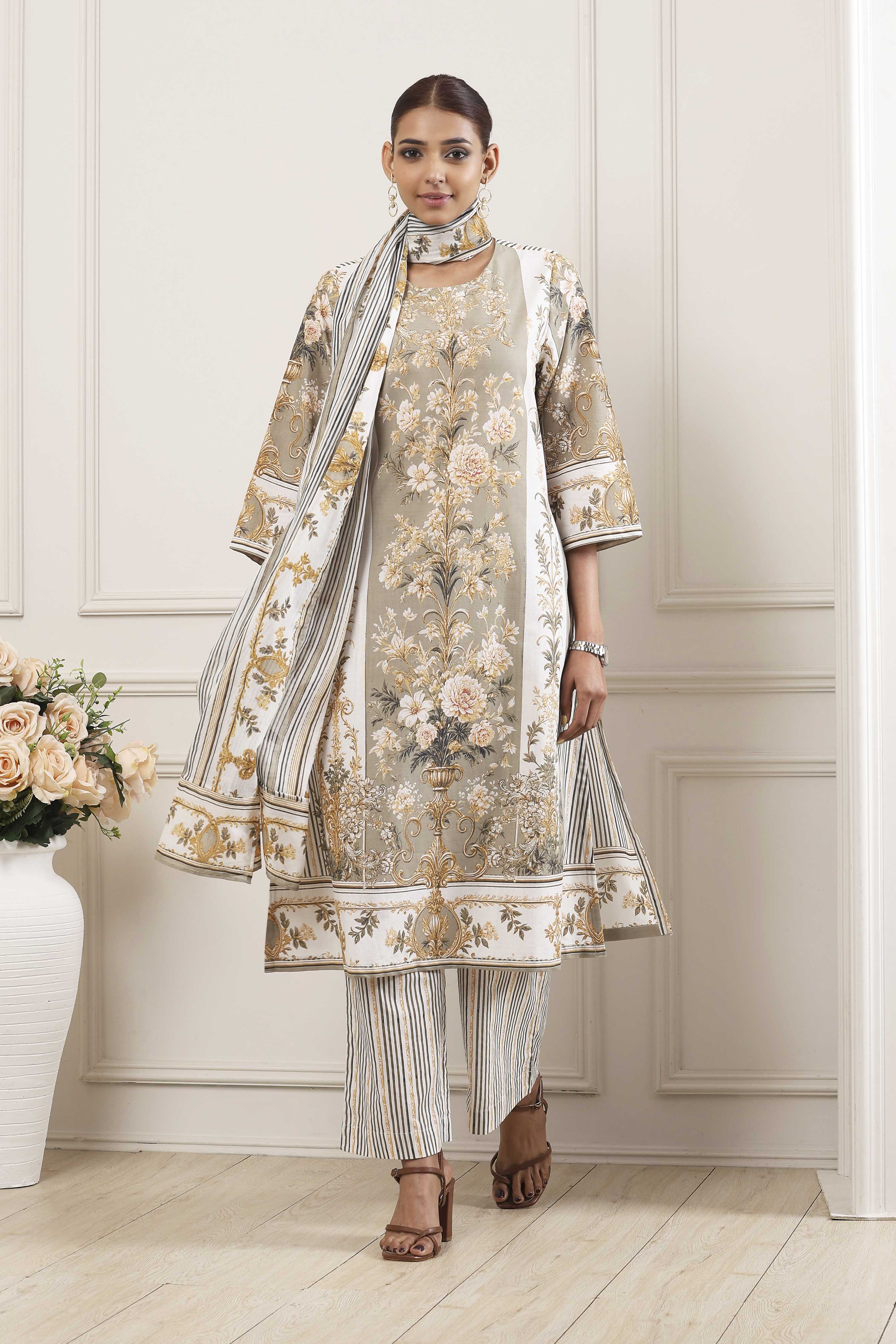 Turquoise Cotton Floral Printed Straight Suit Set image number 0