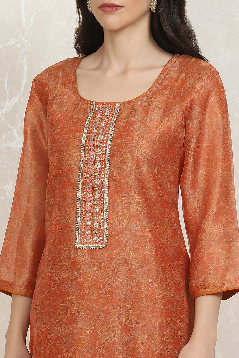Orange Cotton Printed Embroidered Unstitched Suit Set image number 2