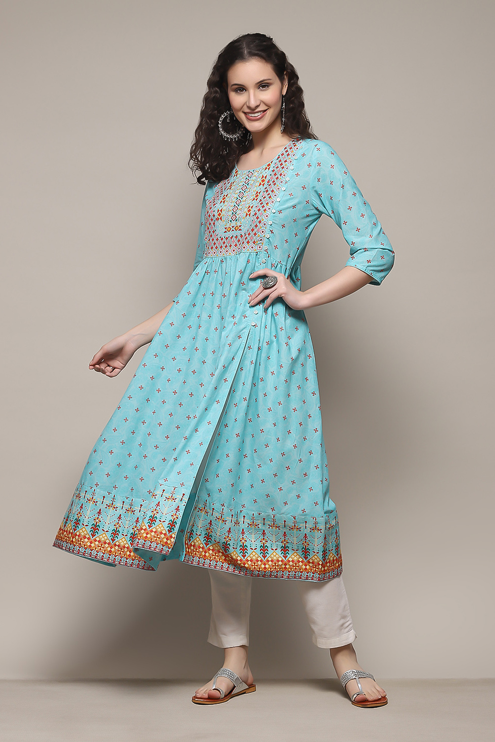 Green Cotton A-Line Printed Kurta image number 0