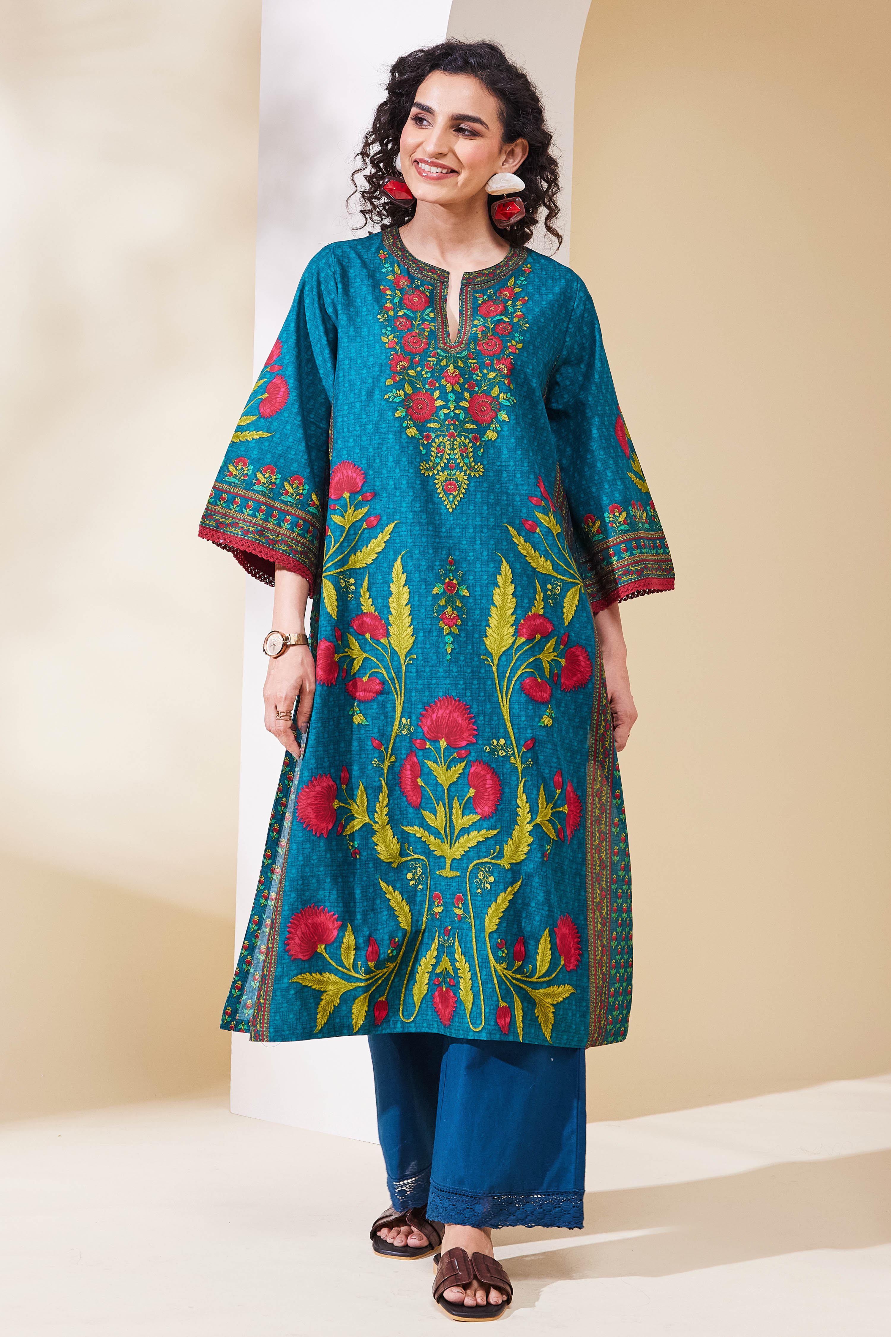 Teal Cotton Straight Kurta image number 0