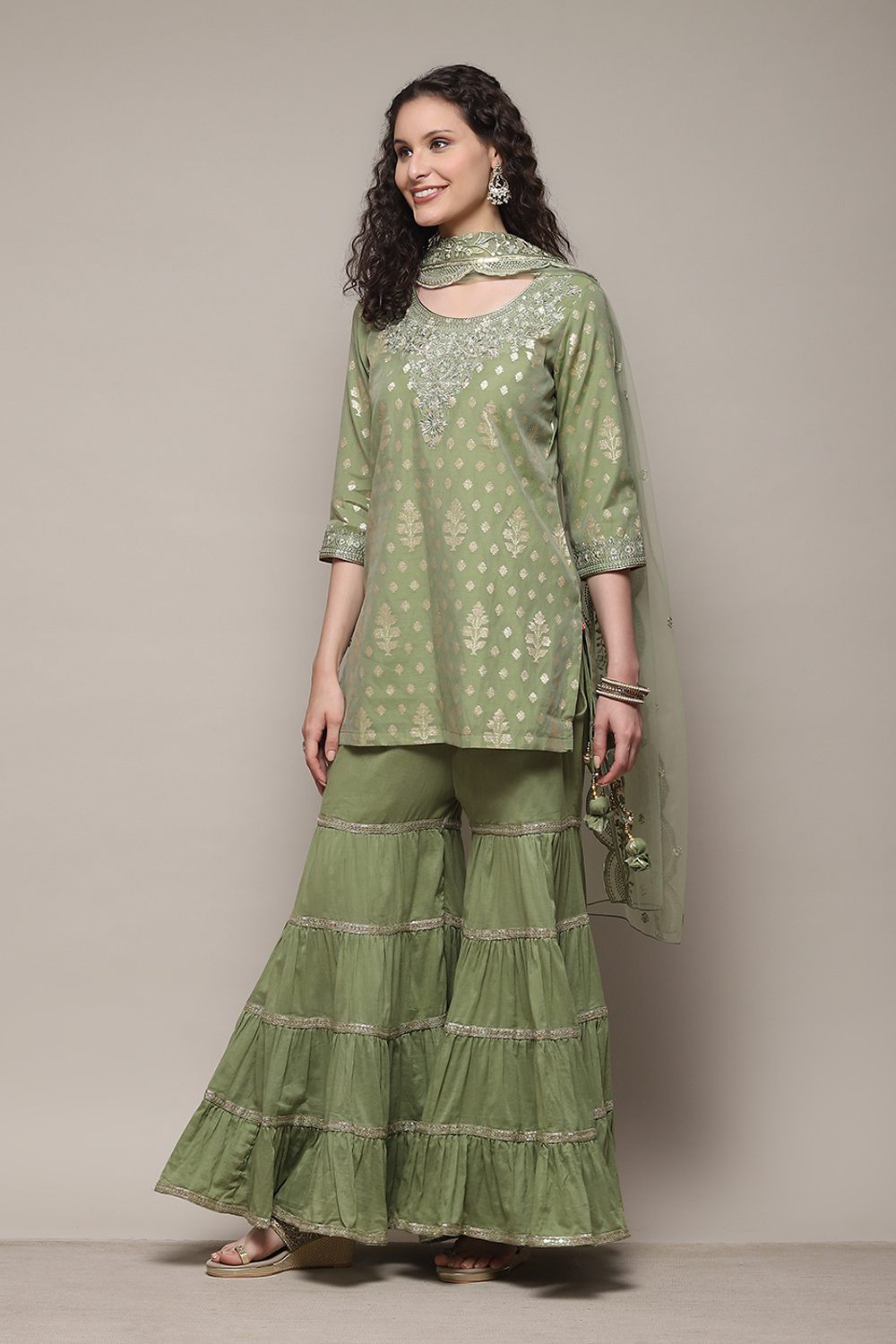 Sap Green Cotton Blend Straight Kurta Garara Suit Set image number 5
