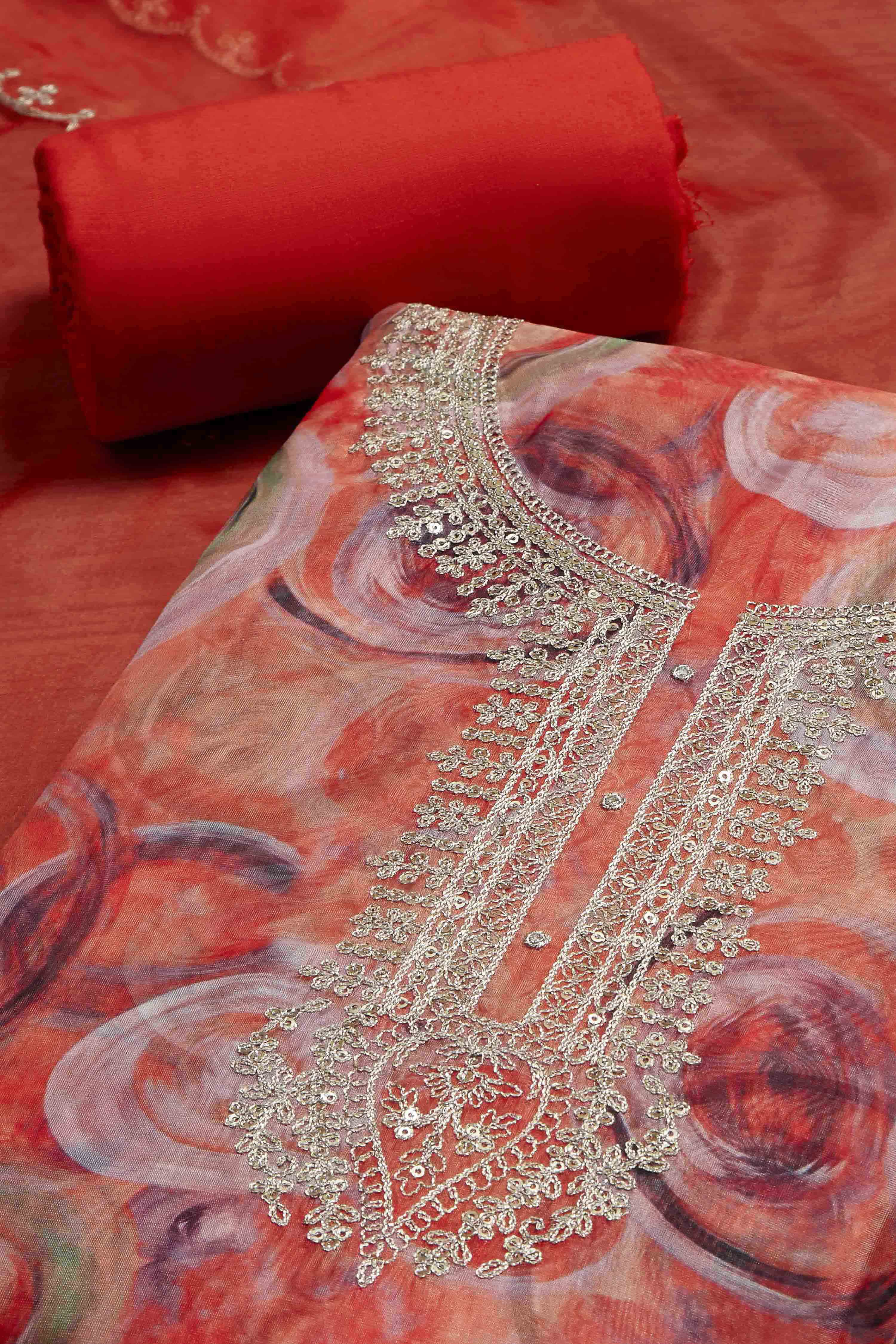 Peach-Colored Organza Rajasthani Print Unstitched Suit Set image number 1