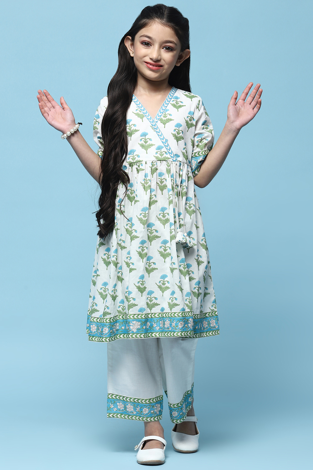 White Printed Cotton Flared Kurta With Straight Palazzo image number 0