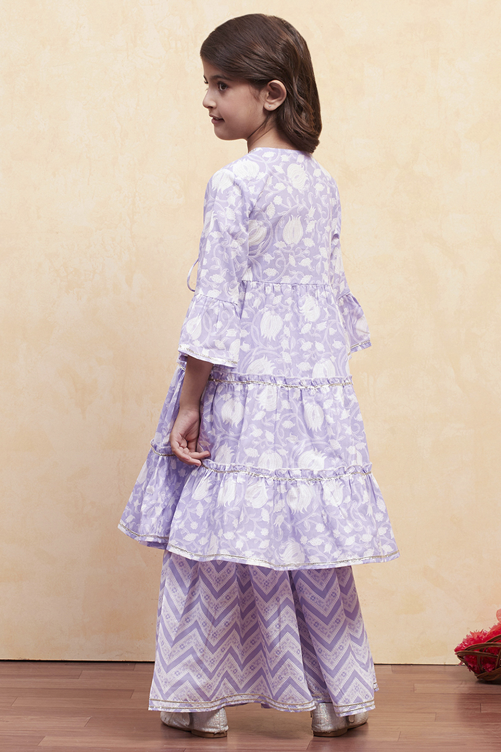 Pink Cotton Angrakha Tiered Kurta Set image number 4