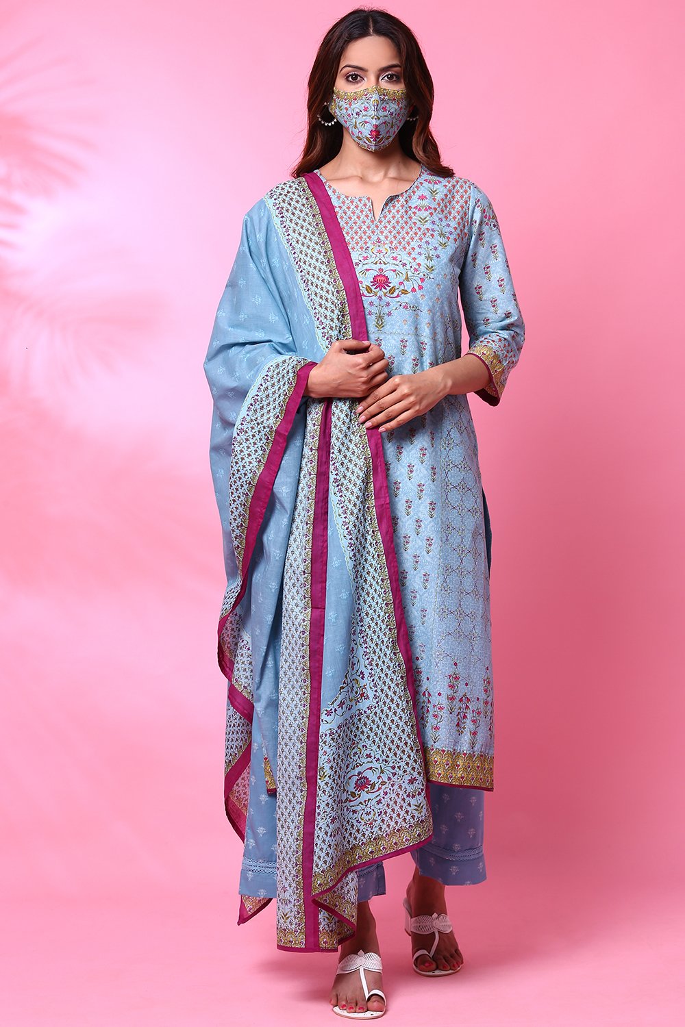 Beige Cotton Straight Kurta Palazzo Suit Set image number 3