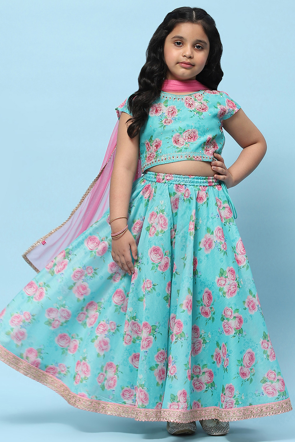 Blue Poly Chanderi Floral Printed Flared Lehenga Set image number 0