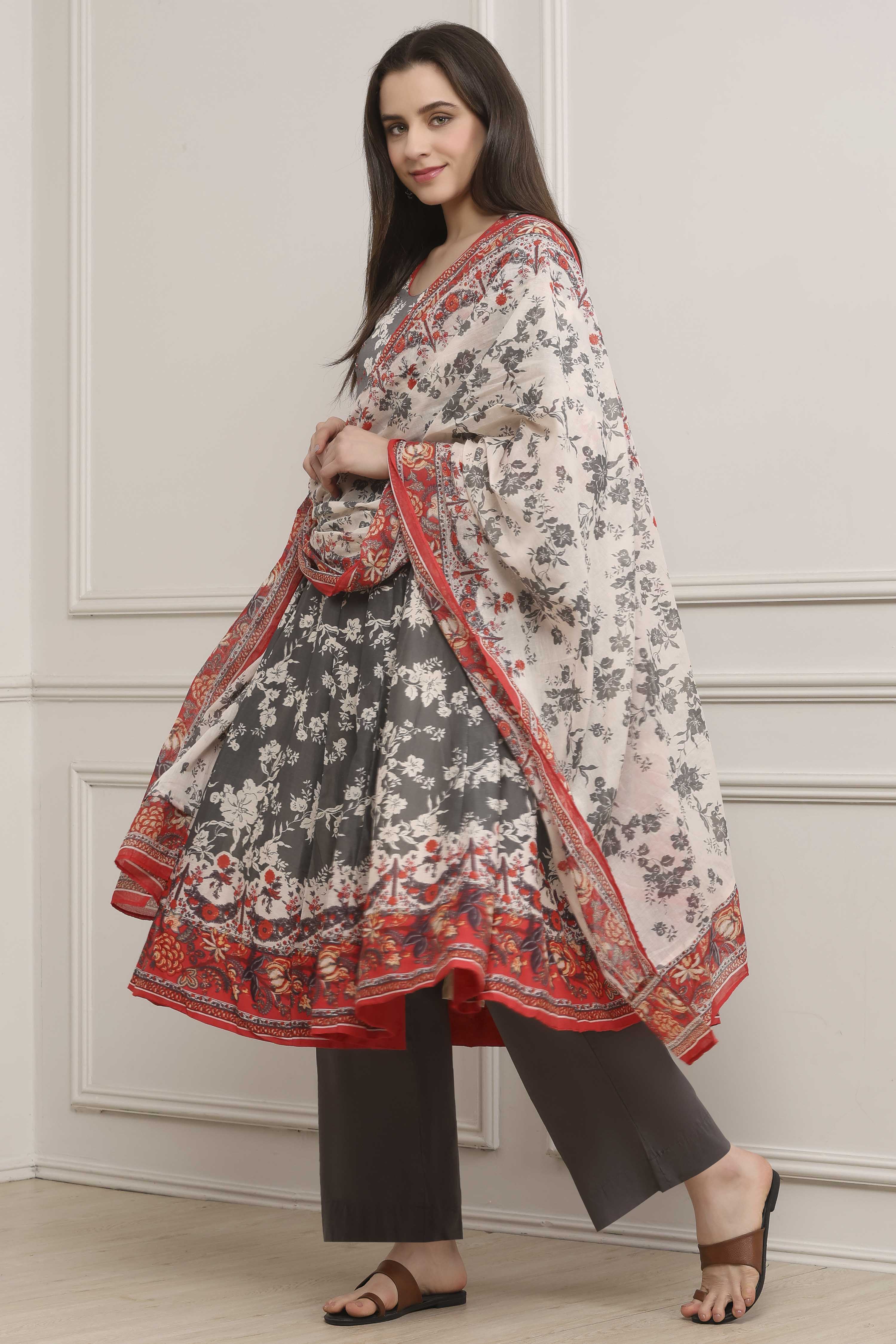 Grey Cotton Printed Anarkali Suit Set image number 3