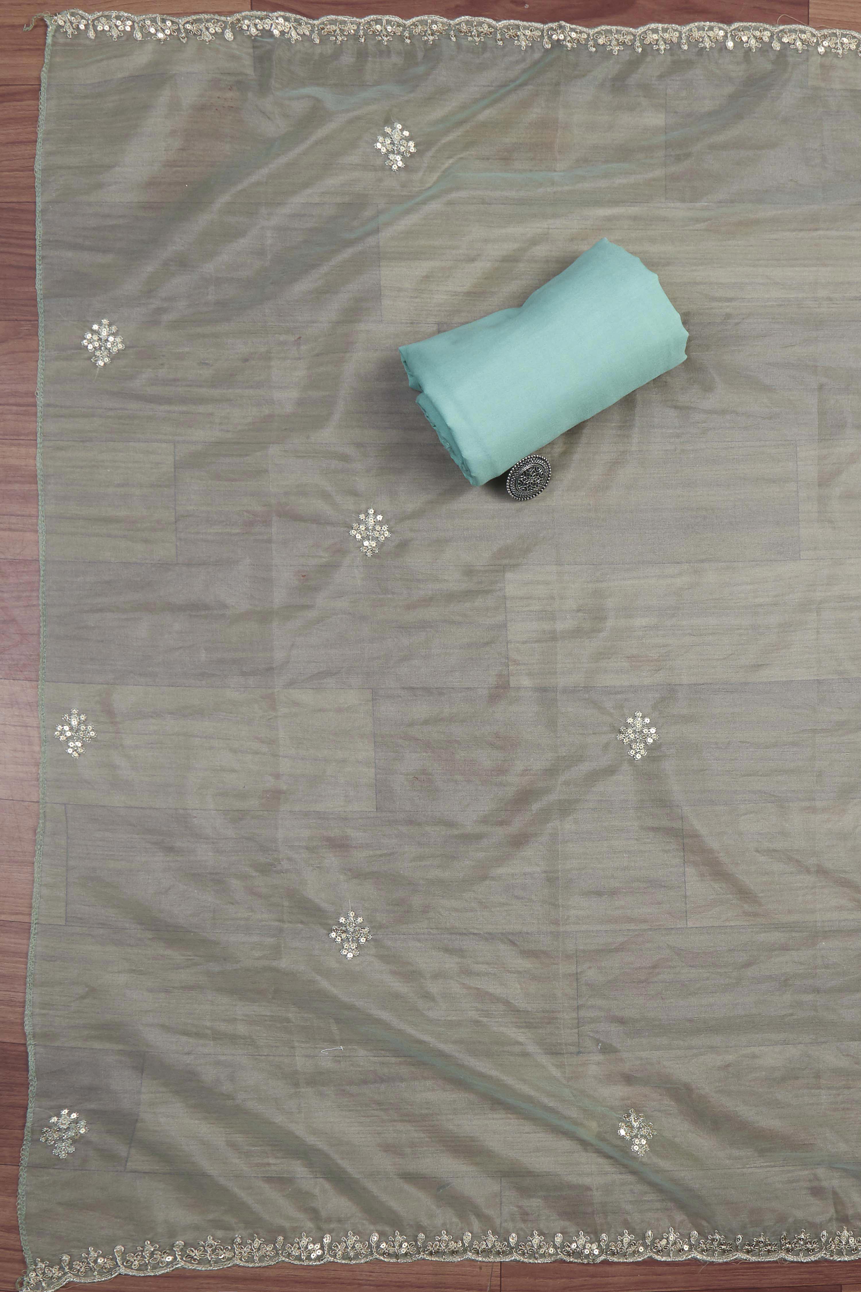 Old-Rose Organza Rajasthani Print Unstitched Suit Set image number 3