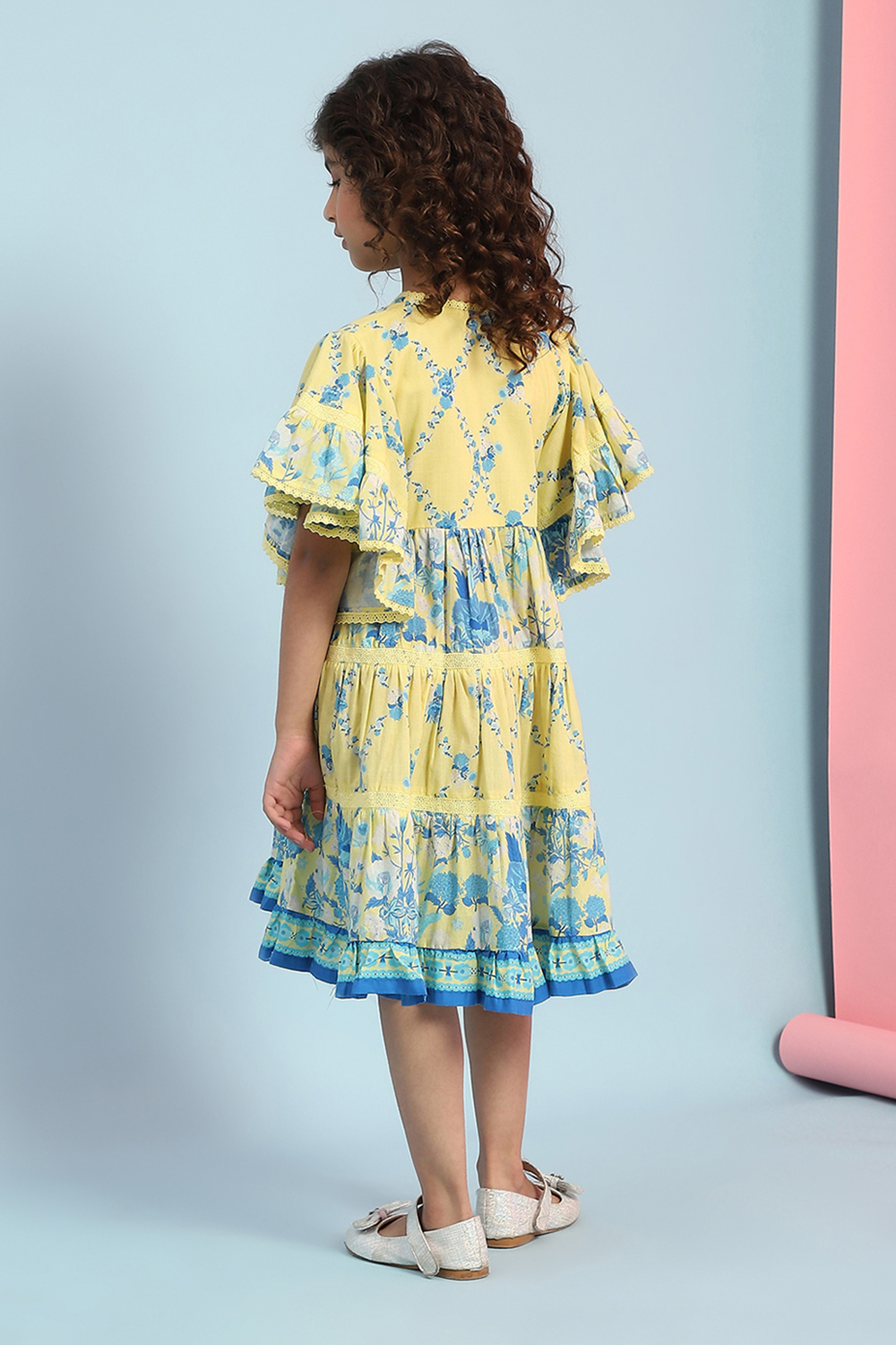 Yellow Cotton Printed Tiered Dress image number 3